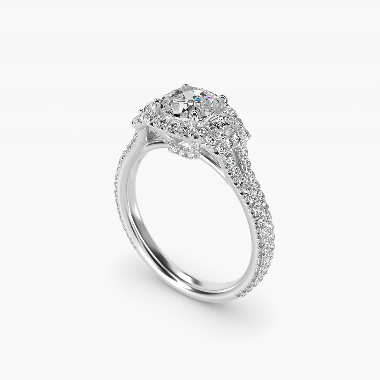 The Gallery Collection™ Emerald Three Stone Halo Diamond Engagement Ring in Platinum - Cushion Center