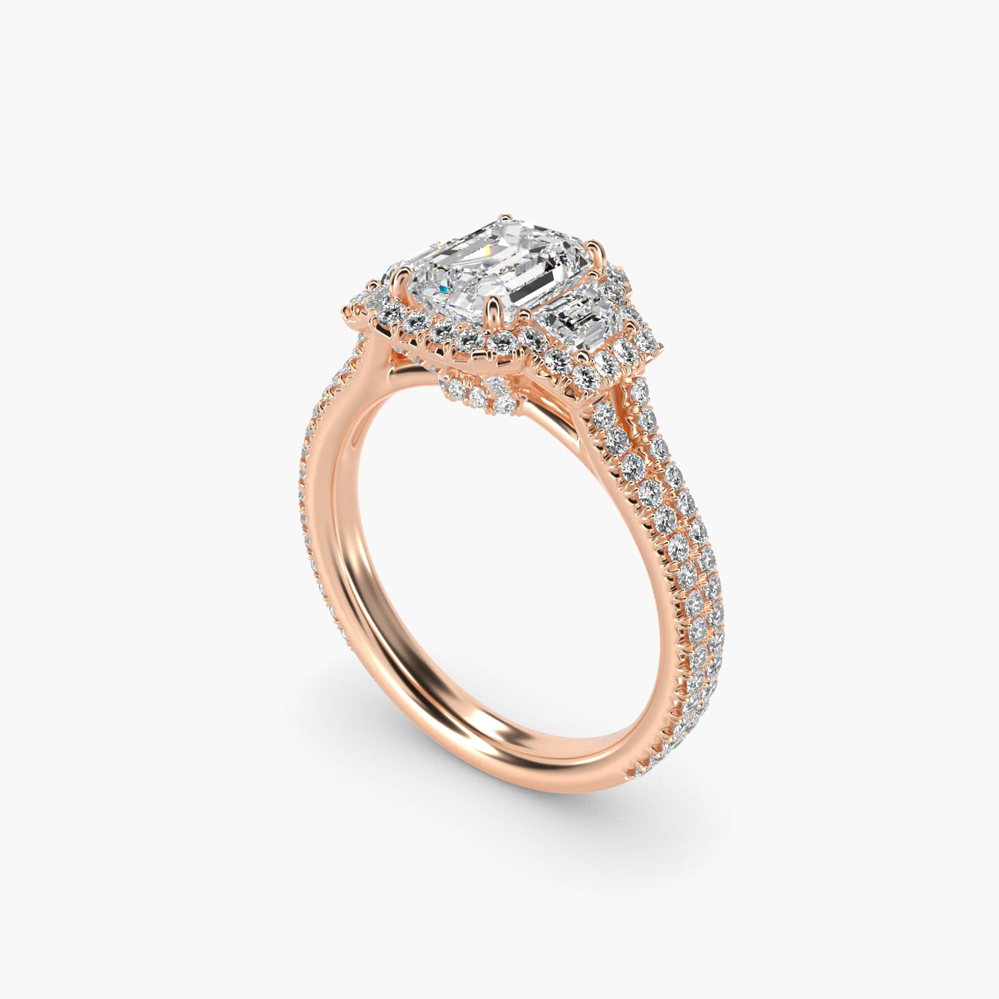 The Gallery Collection™ Emerald Three Stone Halo Diamond Engagement Ring in 14k Rose Gold (1.50 ct. tw.) - Emerald Center