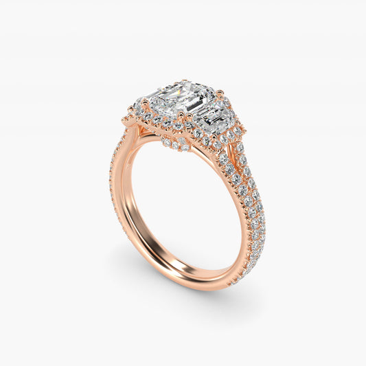 The Gallery Collection™ Vintage Three Stone Trapezoid Diamond Engagement Ring 18k Rose Gold - Emerald Center