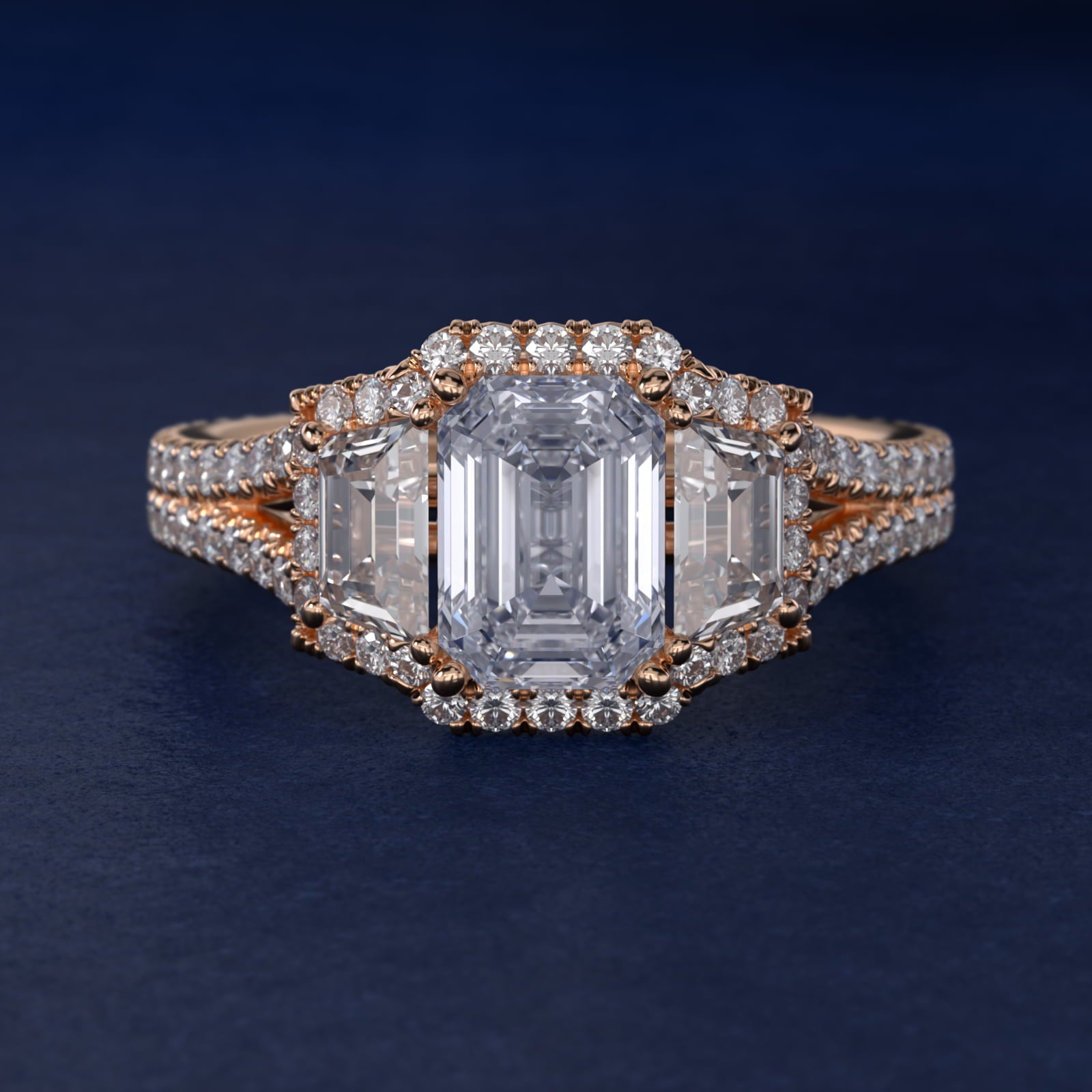 The Gallery Collection™ Vintage Three Stone Trapezoid Diamond Engagement Ring 14k Rose Gold - Emerald Center