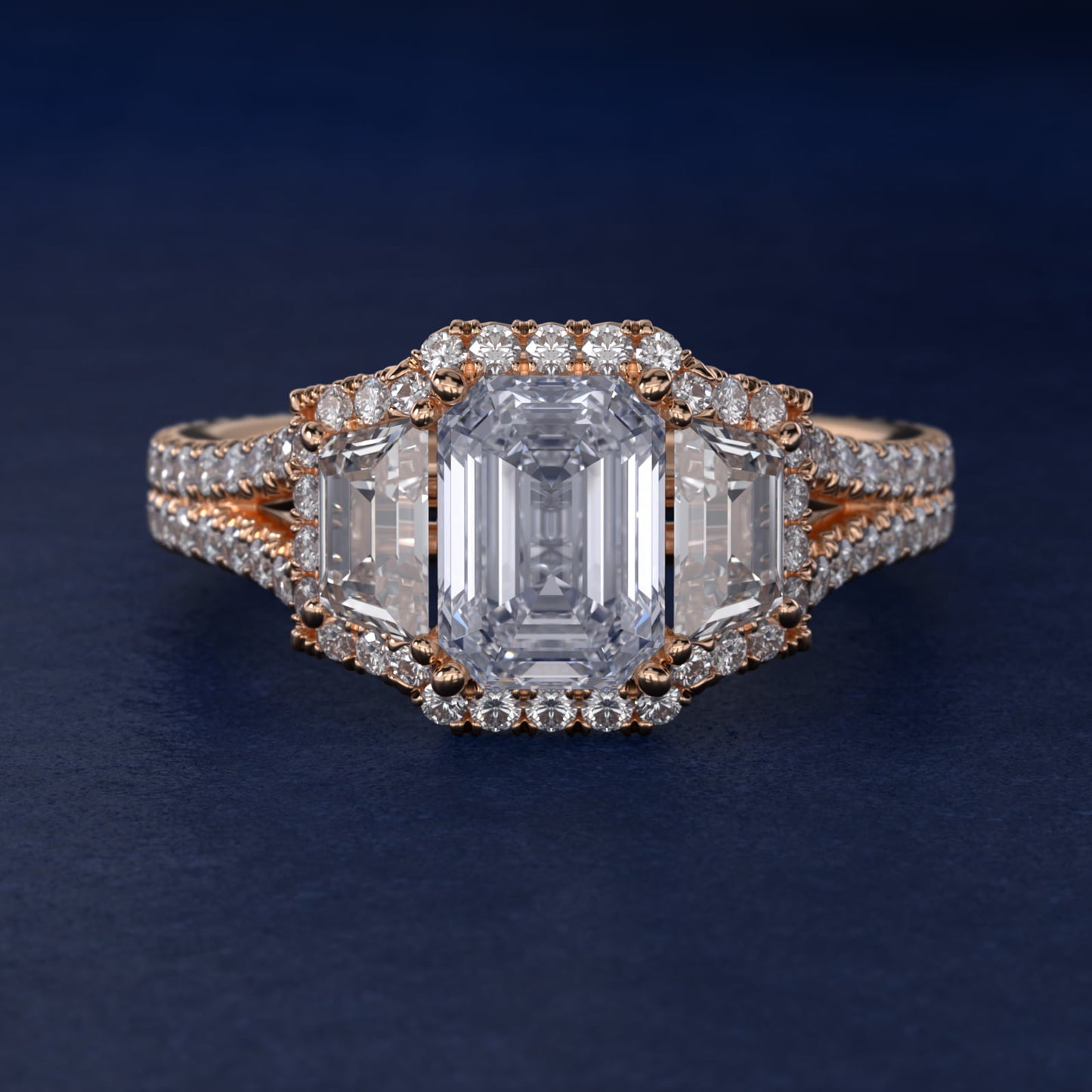 The Gallery Collection™ Vintage Three Stone Trapezoid Diamond Engagement Ring 18k Rose Gold - Emerald Center