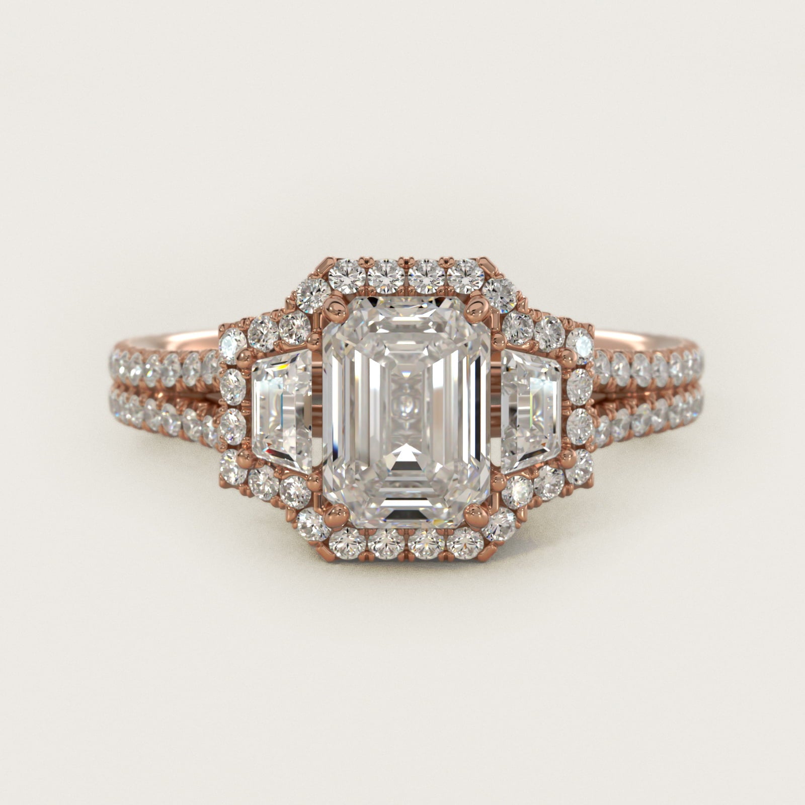 The Gallery Collection™ Emerald Three Stone Halo Diamond Engagement Ring in 14k Rose Gold (1.50 ct. tw.) - Emerald Center