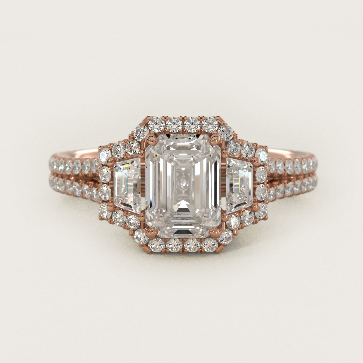The Gallery Collection™ Emerald Three Stone Halo Diamond Engagement Ring in 18k Rose Gold (1.50 ct. tw.) - Emerald Center