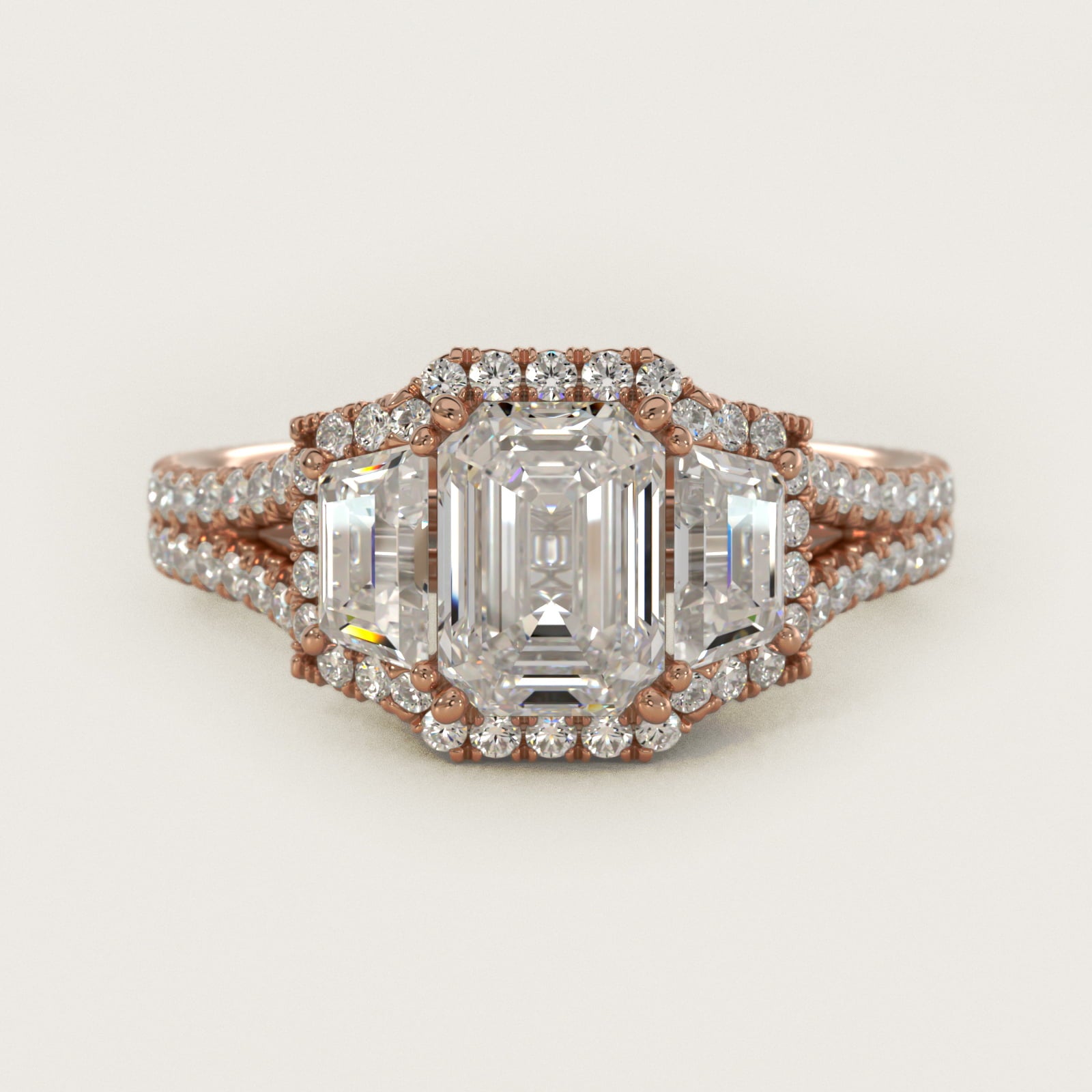 The Gallery Collection™ Vintage Three Stone Trapezoid Diamond Engagement Ring 18k Rose Gold - Emerald Center