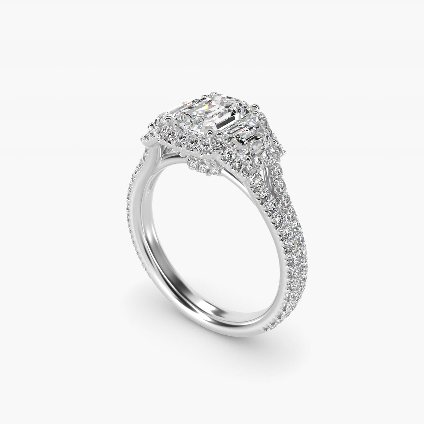 The Gallery Collection™ Vintage Three Stone Trapezoid Diamond Engagement Ring 14k White Gold - Emerald Center