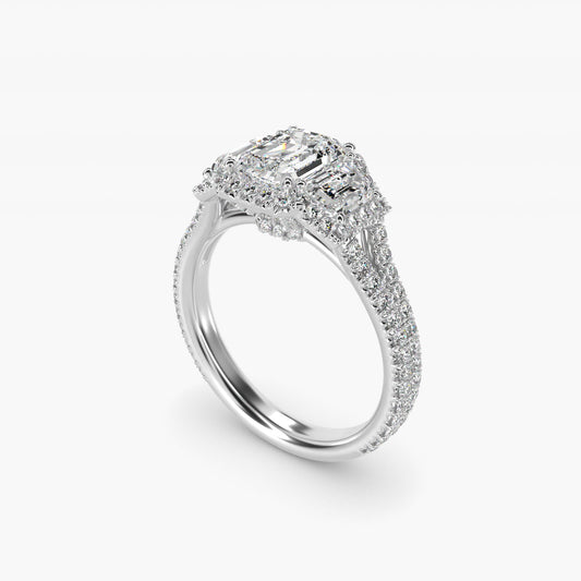 The Gallery Collection™ Vintage Three Stone Trapezoid Diamond Engagement Ring 14k White Gold - Emerald Center