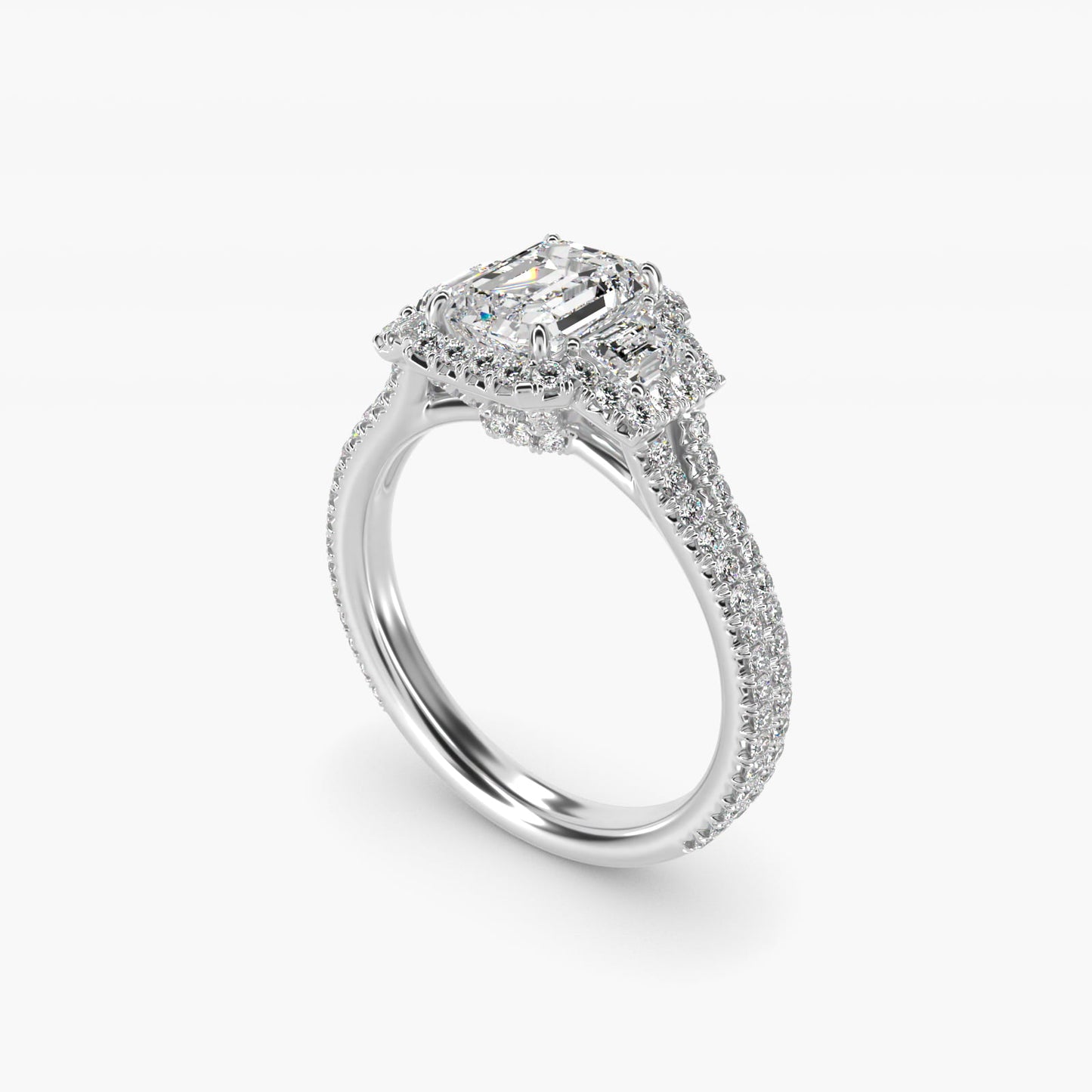 The Gallery Collection™ Emerald Three Stone Halo Diamond Engagement Ring in 18k White Gold (1.50 ct. tw.) - Emerald Center