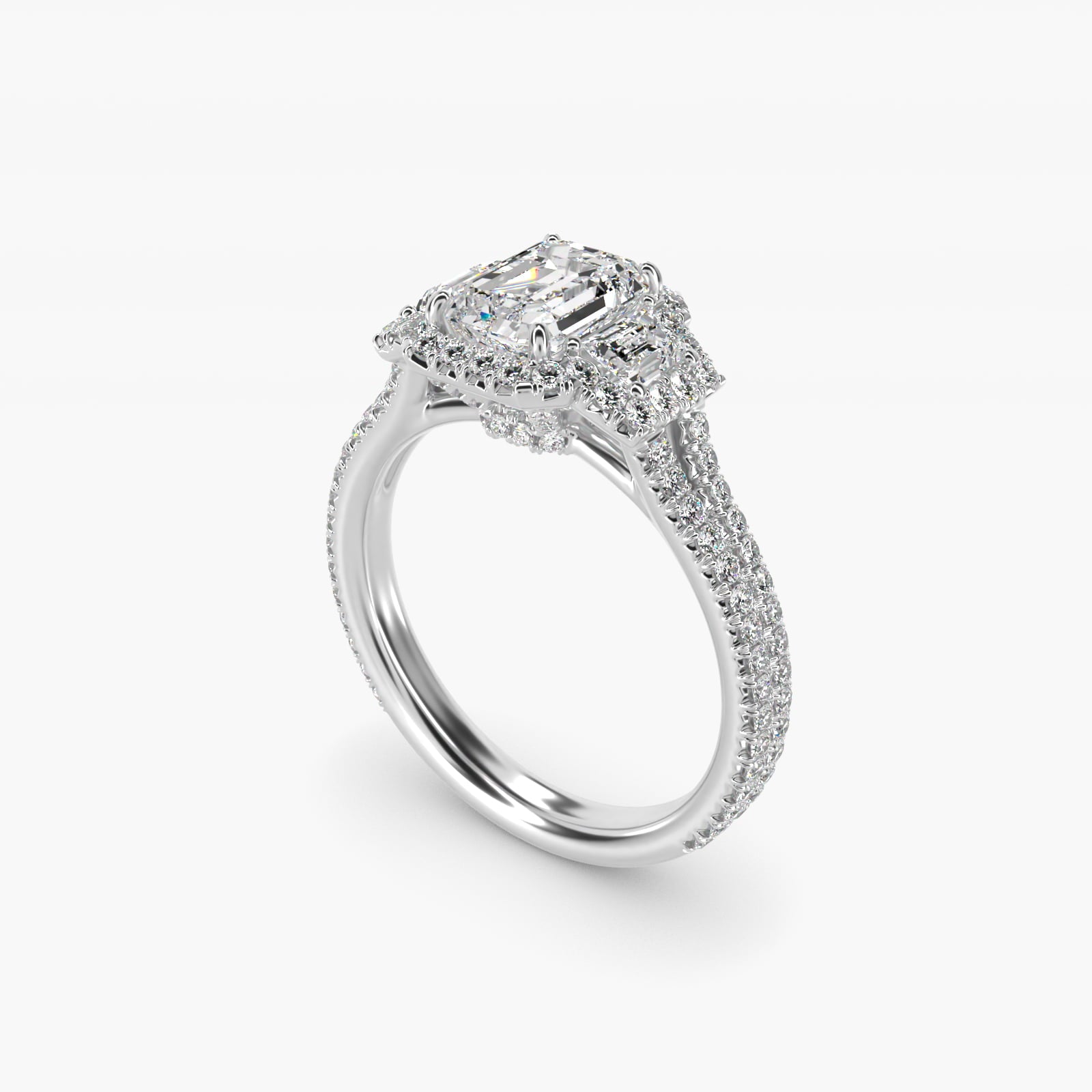 The Gallery Collection™ Emerald Three Stone Halo Diamond Engagement Ring in 18k White Gold (1.50 ct. tw.) - Emerald Center