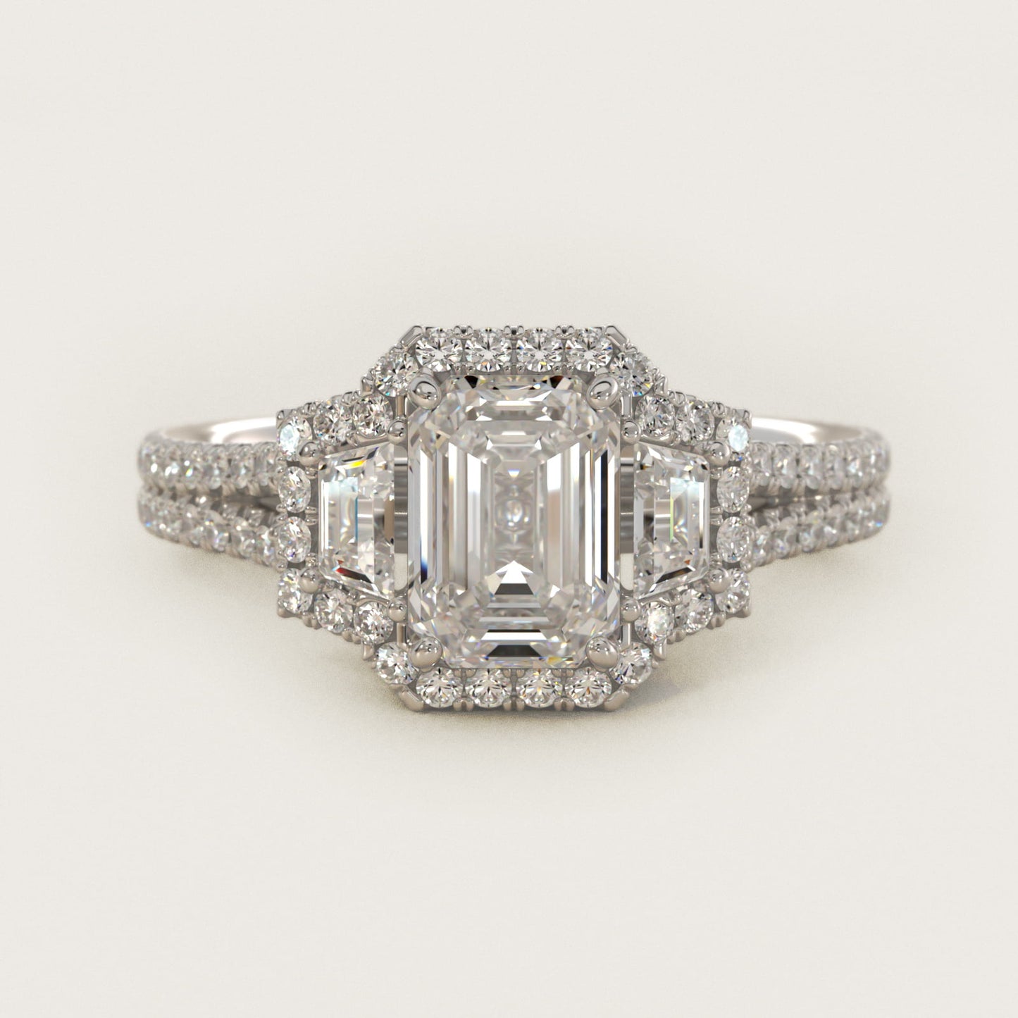 The Gallery Collection™ Emerald Three Stone Halo Diamond Engagement Ring in 14k White Gold (1.50 ct. tw.) - Emerald Center