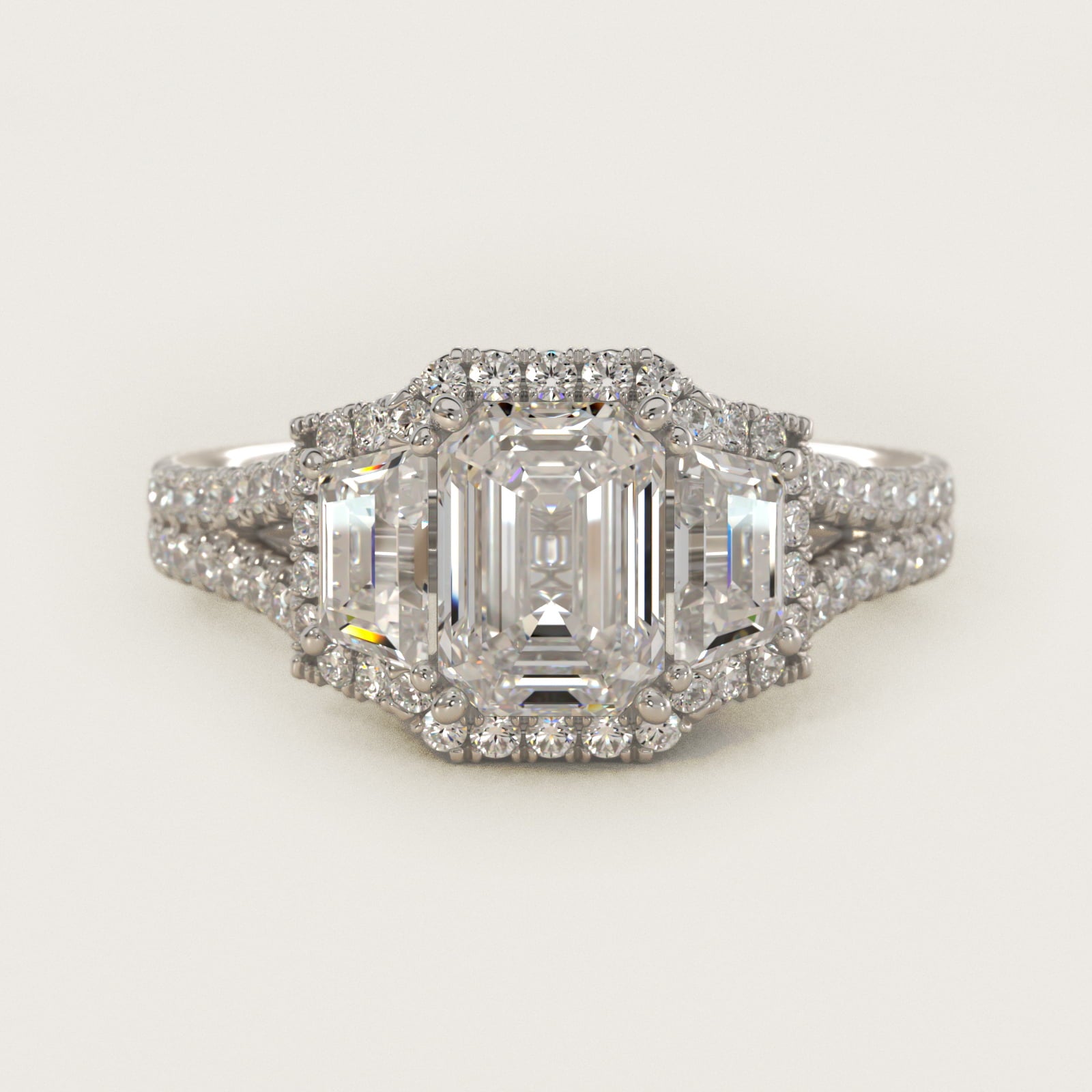 The Gallery Collection™ Vintage Three Stone Trapezoid Diamond Engagement Ring 18k White Gold - Emerald Center