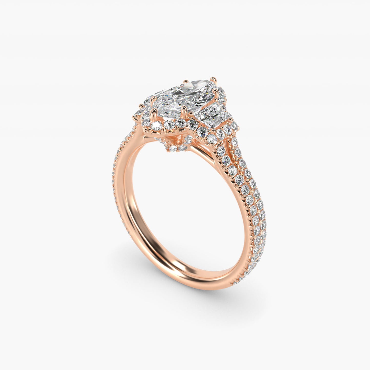 The Gallery Collection™ Emerald Three Stone Halo Diamond Engagement Ring in 14k Rose Gold (1.50 ct. tw.) - Marquise Center