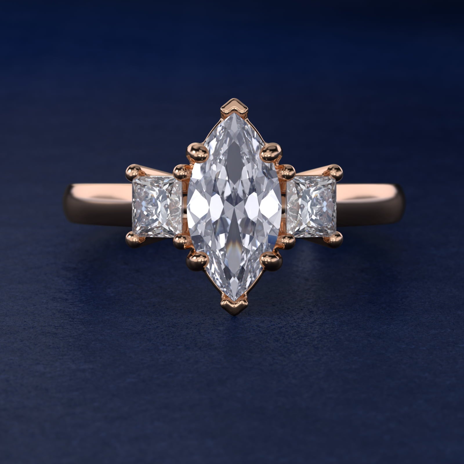 The Gallery Collection™ Princess-Cut Three-Stone Diamond Engagement Ring in 14k Rose Gold (3/8 ct. tw.) - Marquise Center