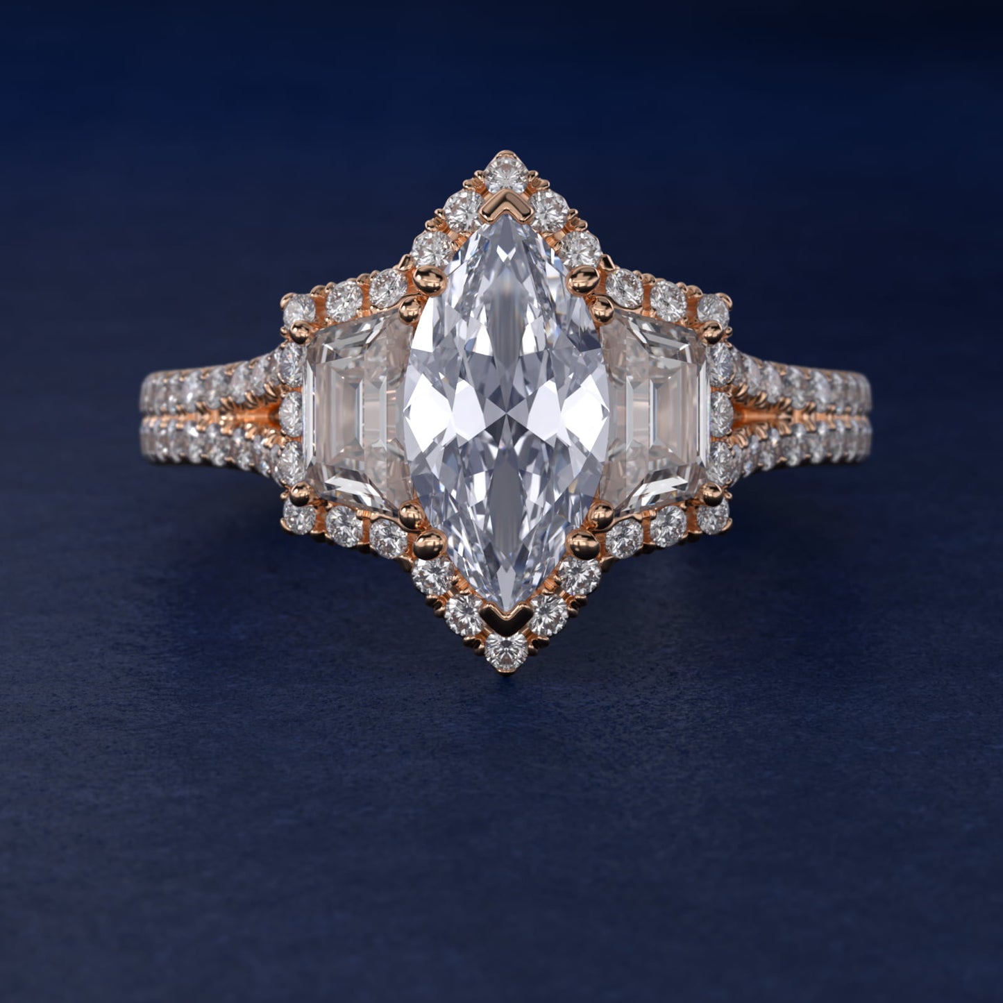 The Gallery Collection™ Vintage Three Stone Trapezoid Diamond Engagement Ring 18k Rose Gold - Marquise Center