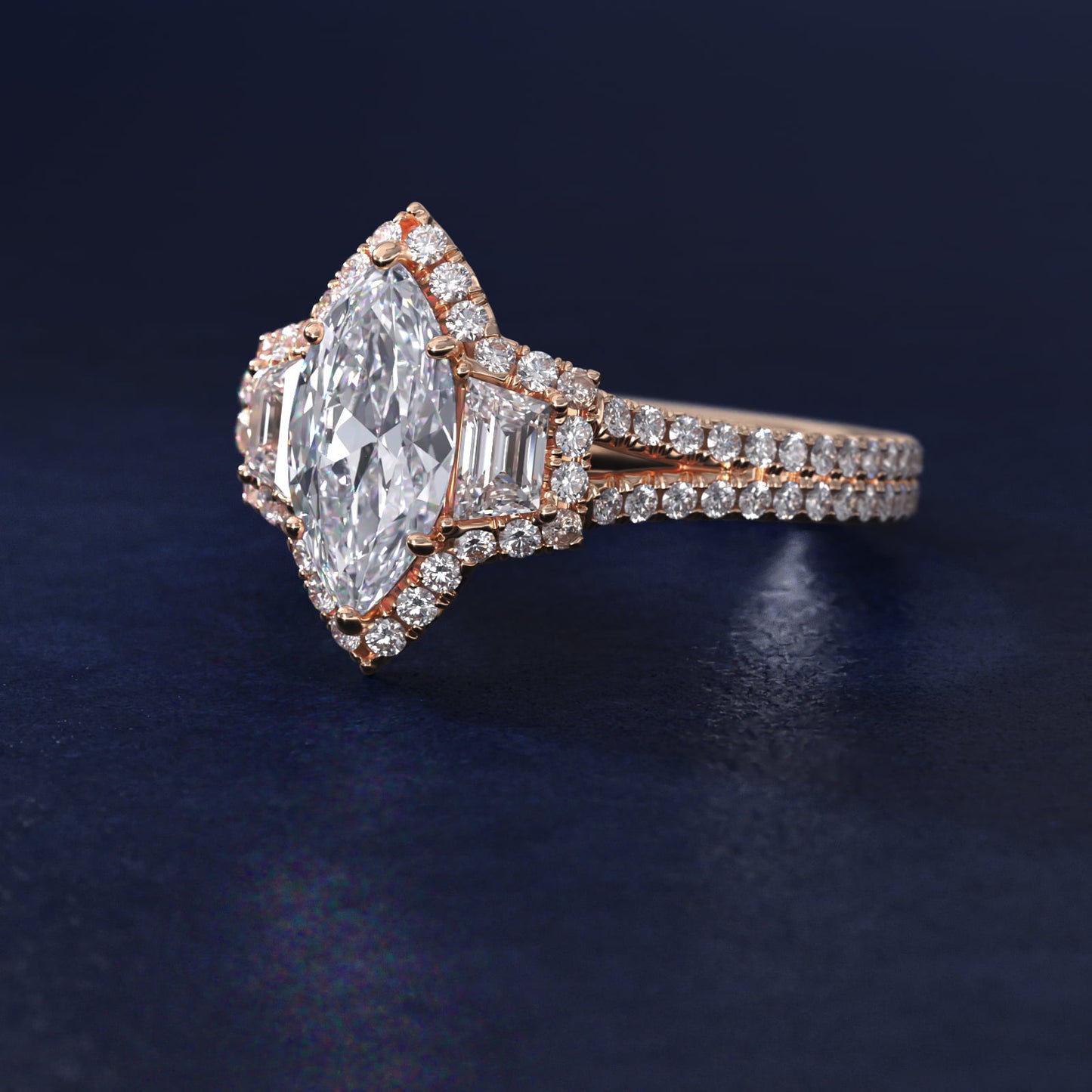 The Gallery Collection™ Emerald Three Stone Halo Diamond Engagement Ring in 14k Rose Gold (1.50 ct. tw.) - Marquise Center