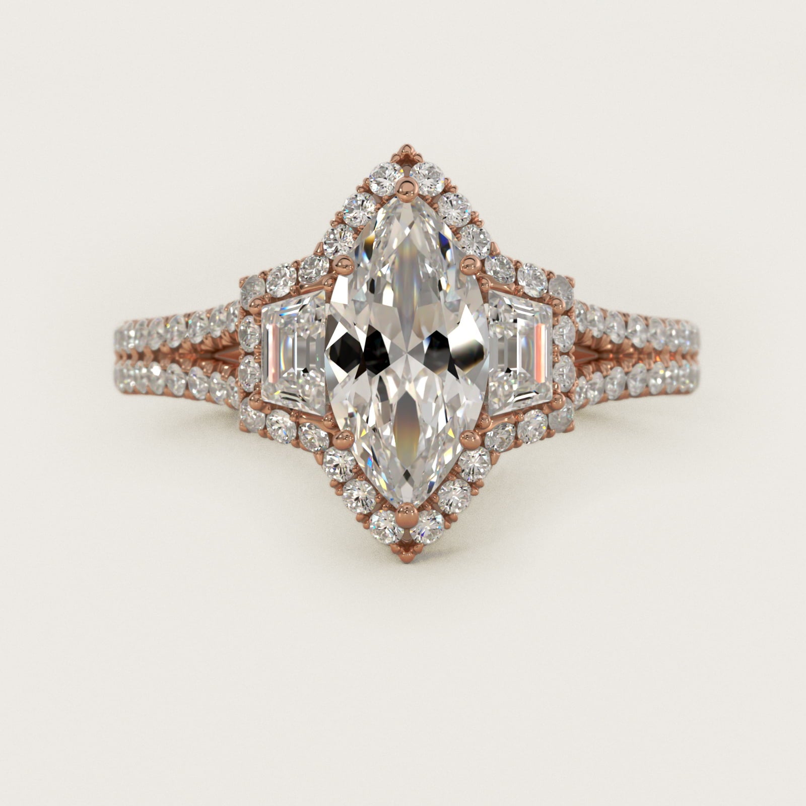 The Gallery Collection™ Emerald Three Stone Halo Diamond Engagement Ring in 14k Rose Gold (1.50 ct. tw.) - Marquise Center