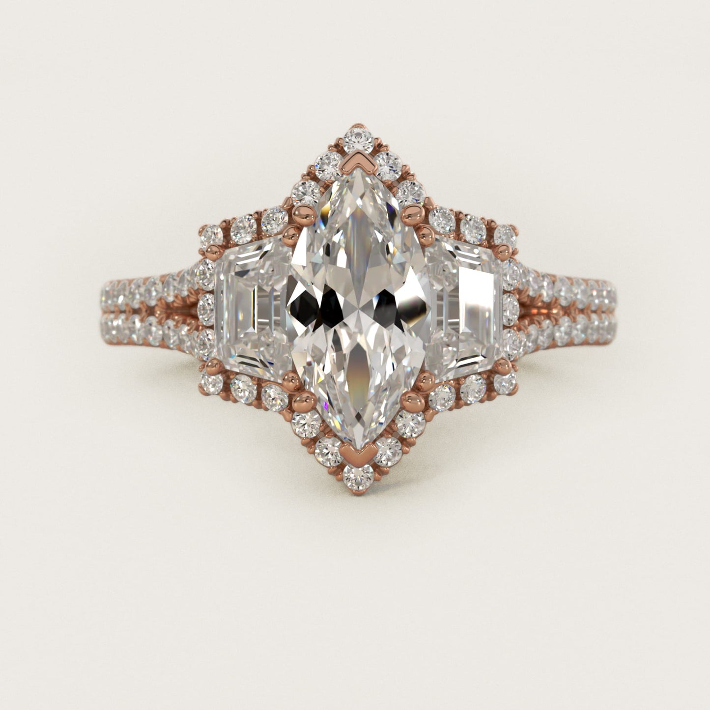 The Gallery Collection™ Vintage Three Stone Trapezoid Diamond Engagement Ring 14k Rose Gold - Marquise Center