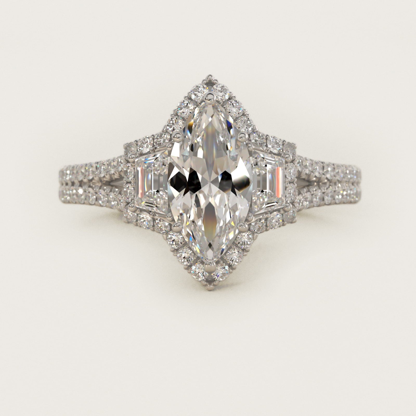 The Gallery Collection™ Emerald Three Stone Halo Diamond Engagement Ring in 14k White Gold (1.50 ct. tw.) - Marquise Center