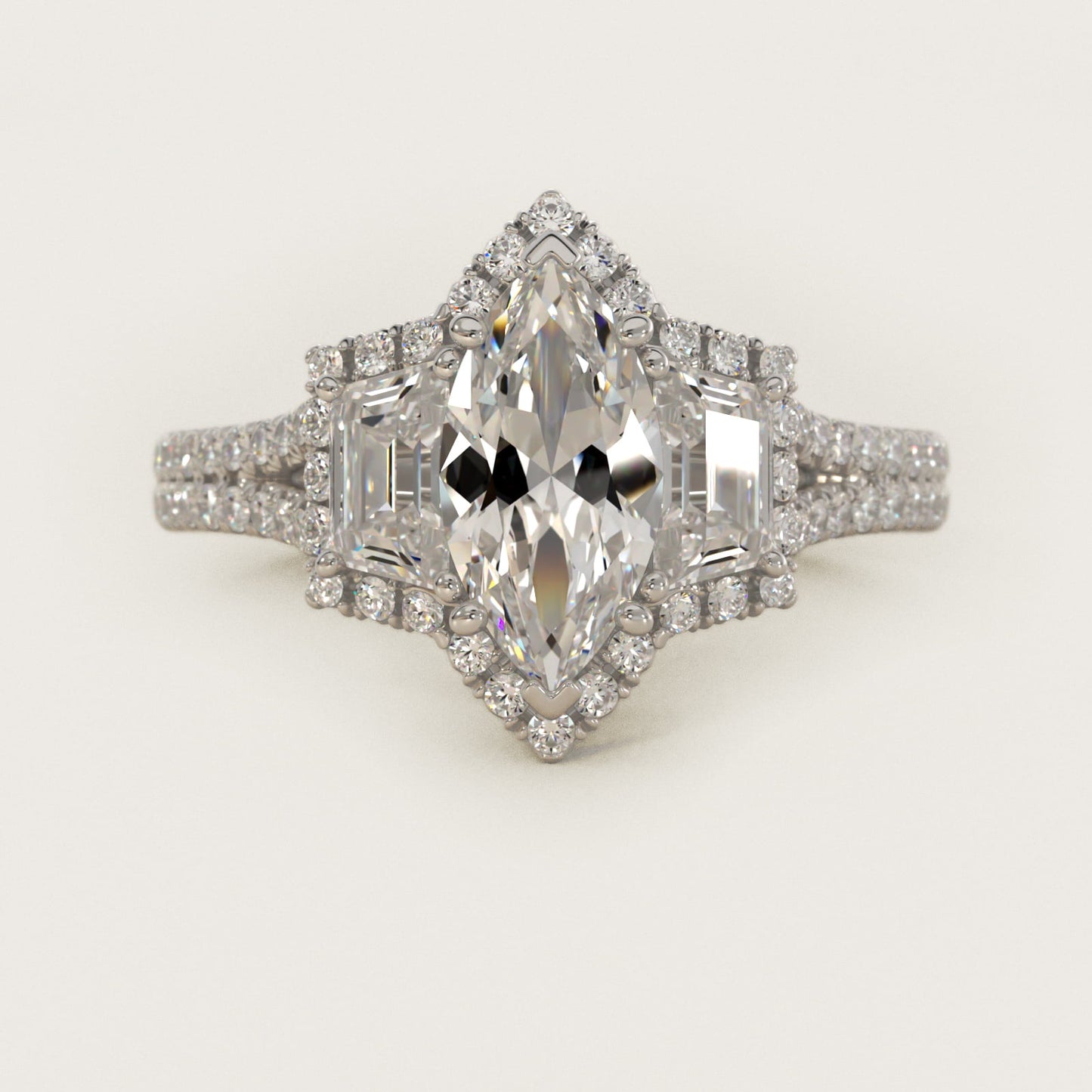 The Gallery Collection™ Vintage Three Stone Trapezoid Diamond Engagement Ring 18k White Gold - Marquise Center