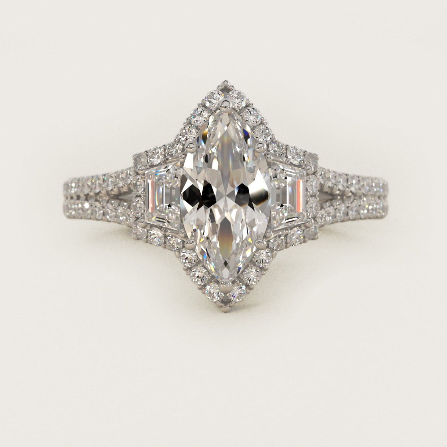 The Gallery Collection™ Emerald Three Stone Halo Diamond Engagement Ring in 18k White Gold (1.50 ct. tw.) - Marquise Center
