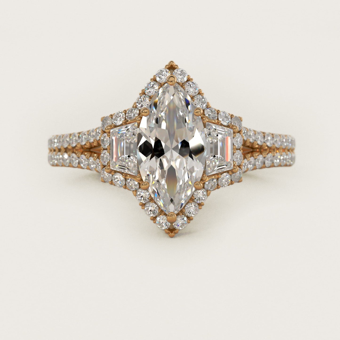 The Gallery Collection™ Emerald Three Stone Halo Diamond Engagement Ring in 18k Yellow Gold (1.50 ct. tw.) - Marquise Center