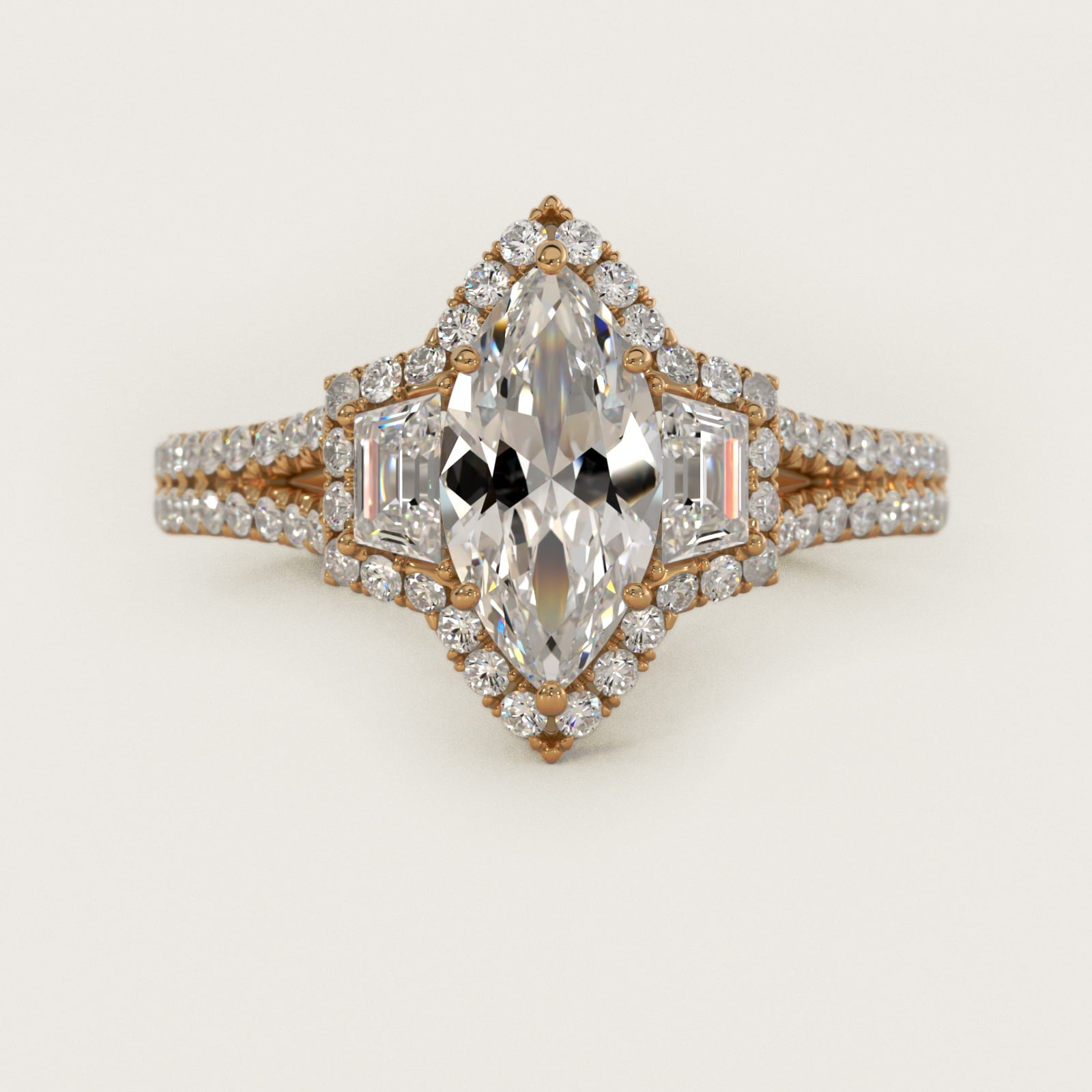 The Gallery Collection™ Emerald Three Stone Halo Diamond Engagement Ring in 18k Yellow Gold (1.50 ct. tw.) - Marquise Center