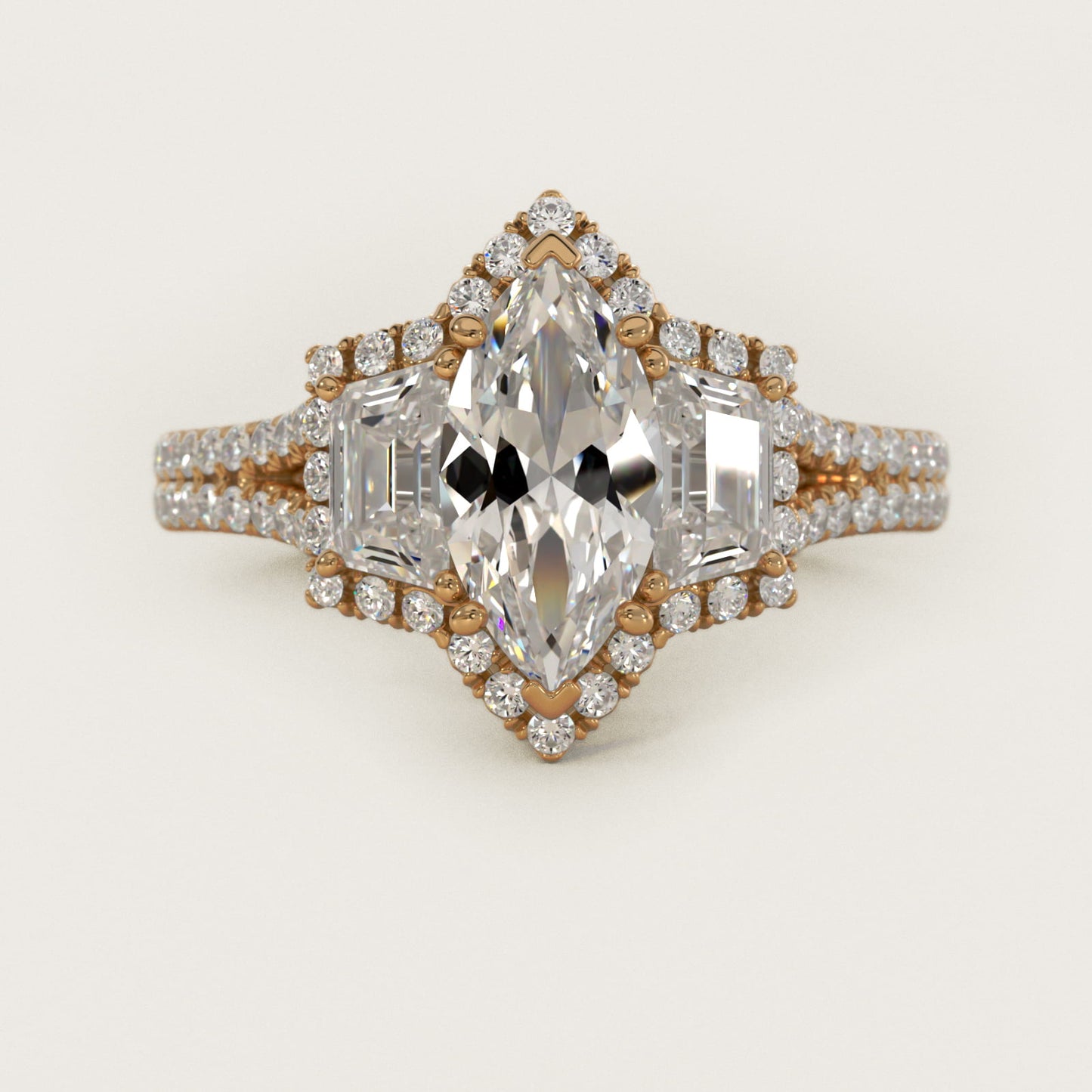 The Gallery Collection™ Vintage Three Stone Trapezoid Diamond Engagement Ring 18k Yellow Gold - Marquise Center