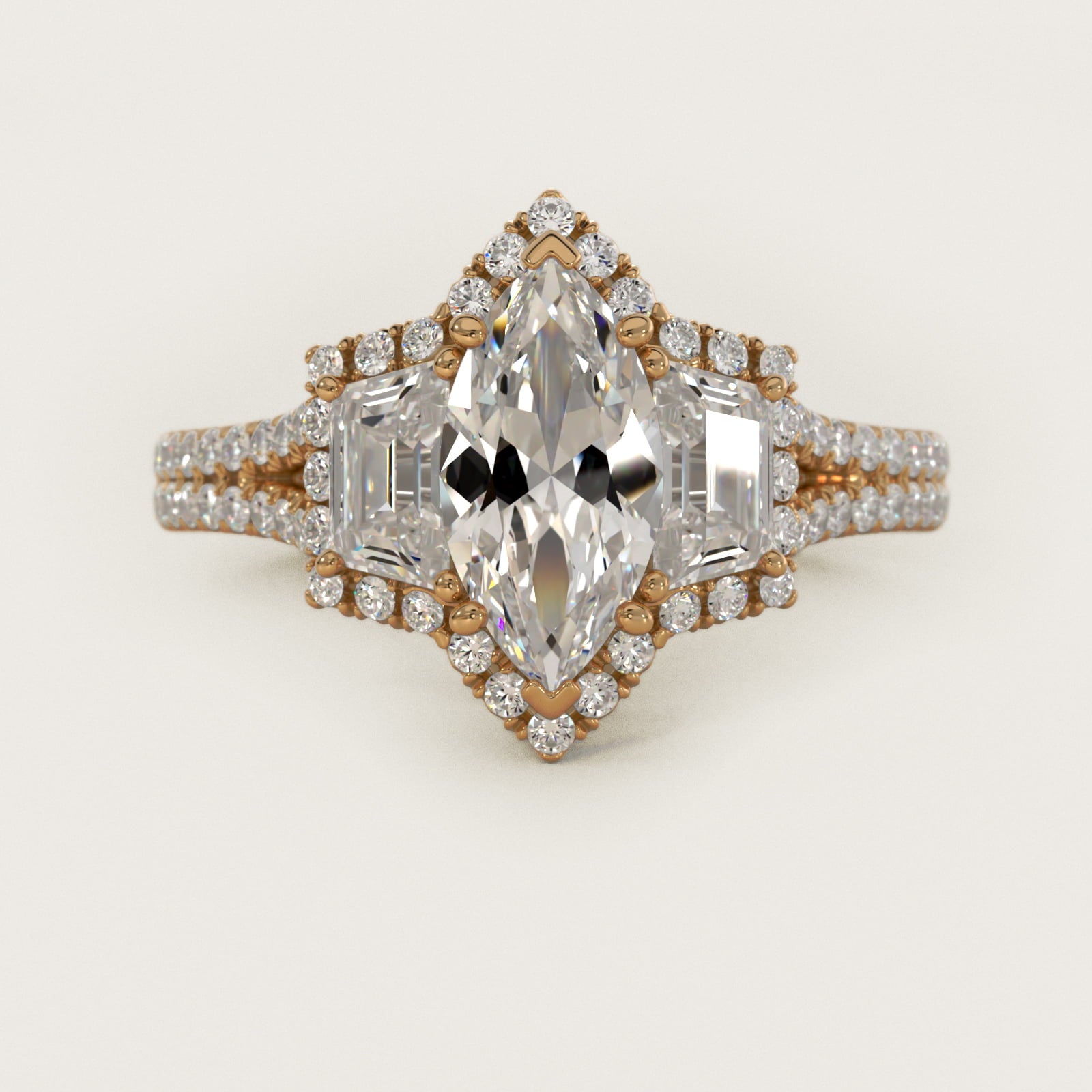 The Gallery Collection™ Vintage Three Stone Trapezoid Diamond Engagement Ring 14k Yellow Gold - Marquise Center