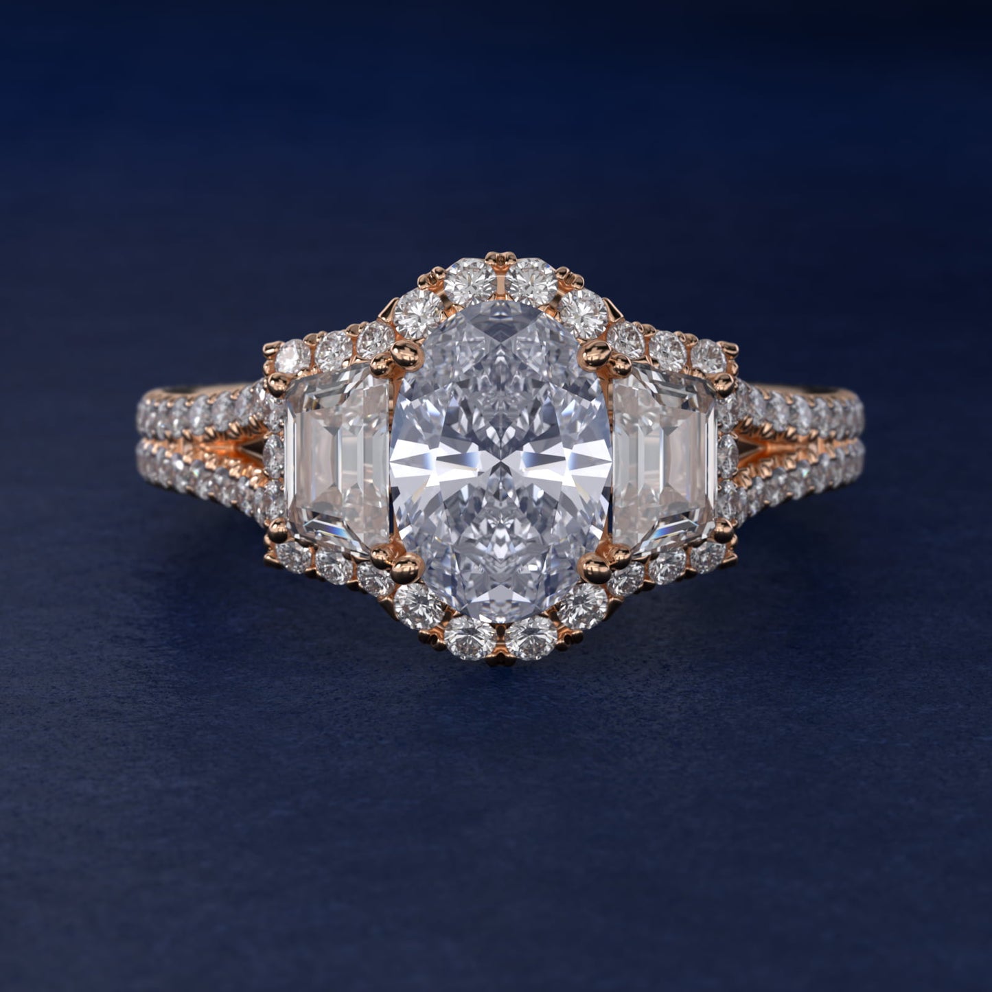 The Gallery Collection™ Vintage Three Stone Trapezoid Diamond Engagement Ring 14k Rose Gold - Oval Center