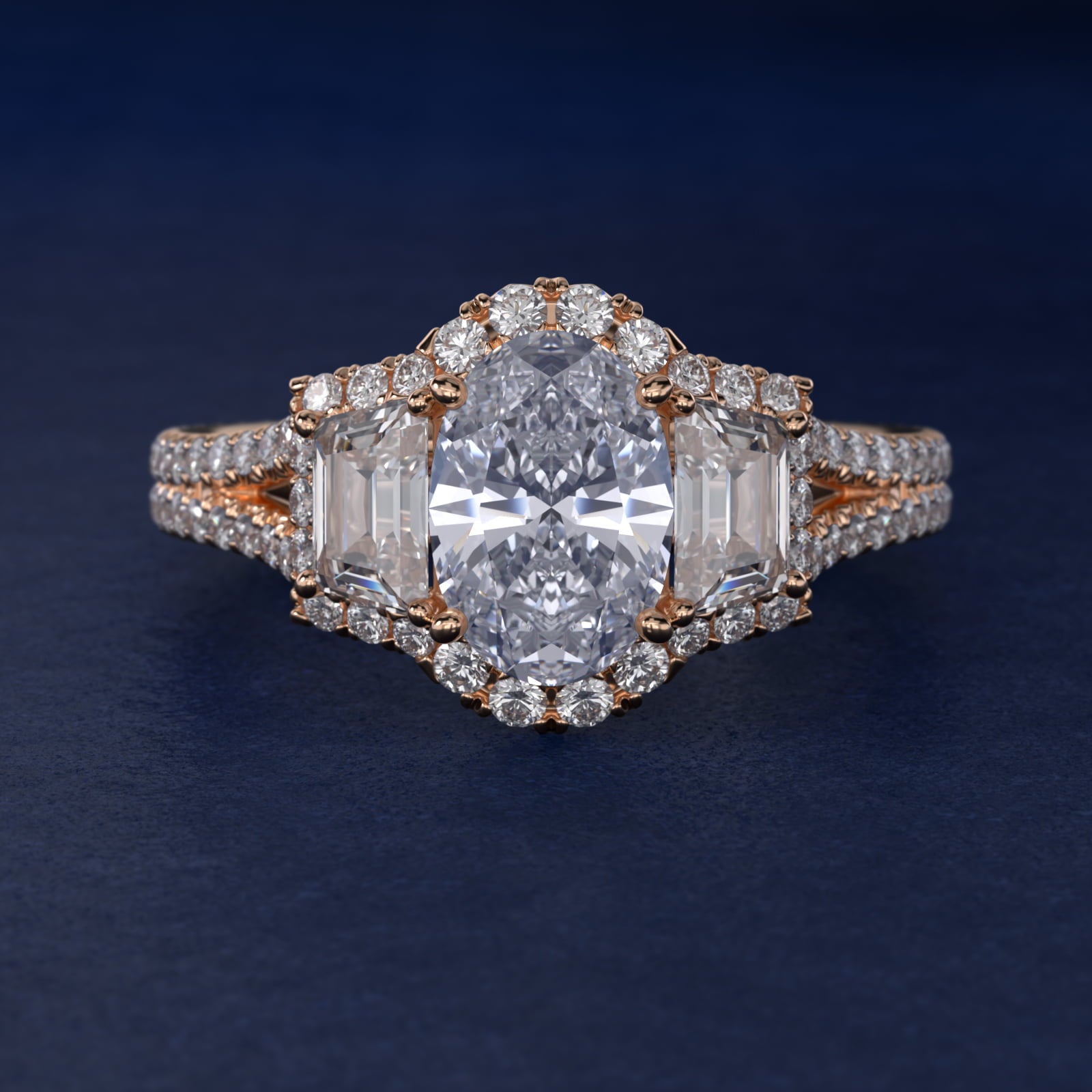 The Gallery Collection™ Vintage Three Stone Trapezoid Diamond Engagement Ring 14k Rose Gold - Oval Center