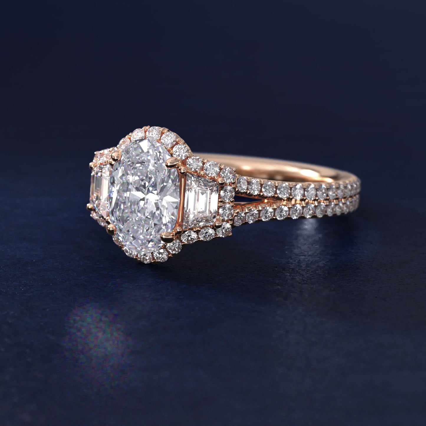 The Gallery Collection™ Emerald Three Stone Halo Diamond Engagement Ring in 14k Rose Gold (1.50 ct. tw.) - Oval Center
