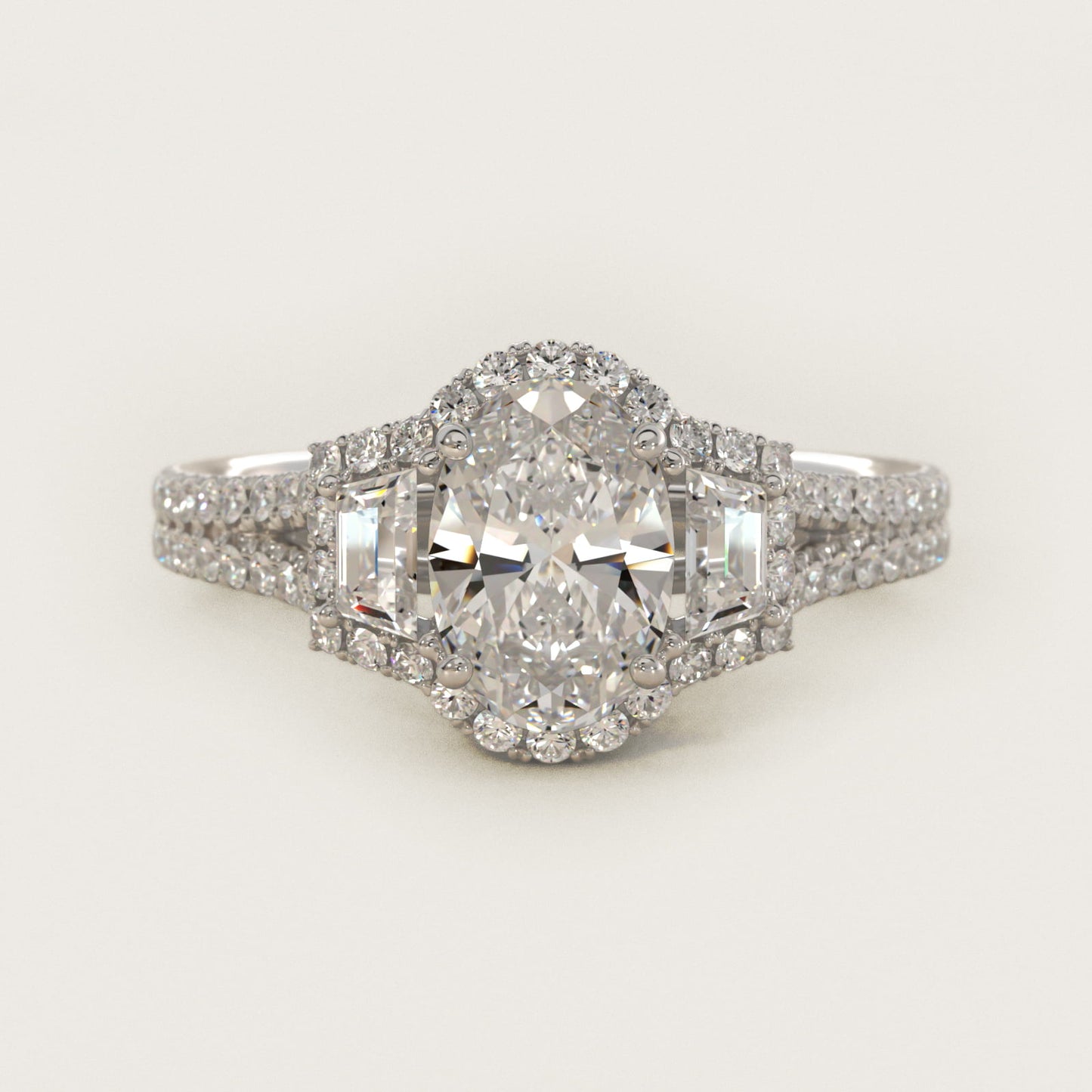 The Gallery Collection™ Emerald Three Stone Halo Diamond Engagement Ring in 14k White Gold (1.50 ct. tw.) - Oval Center