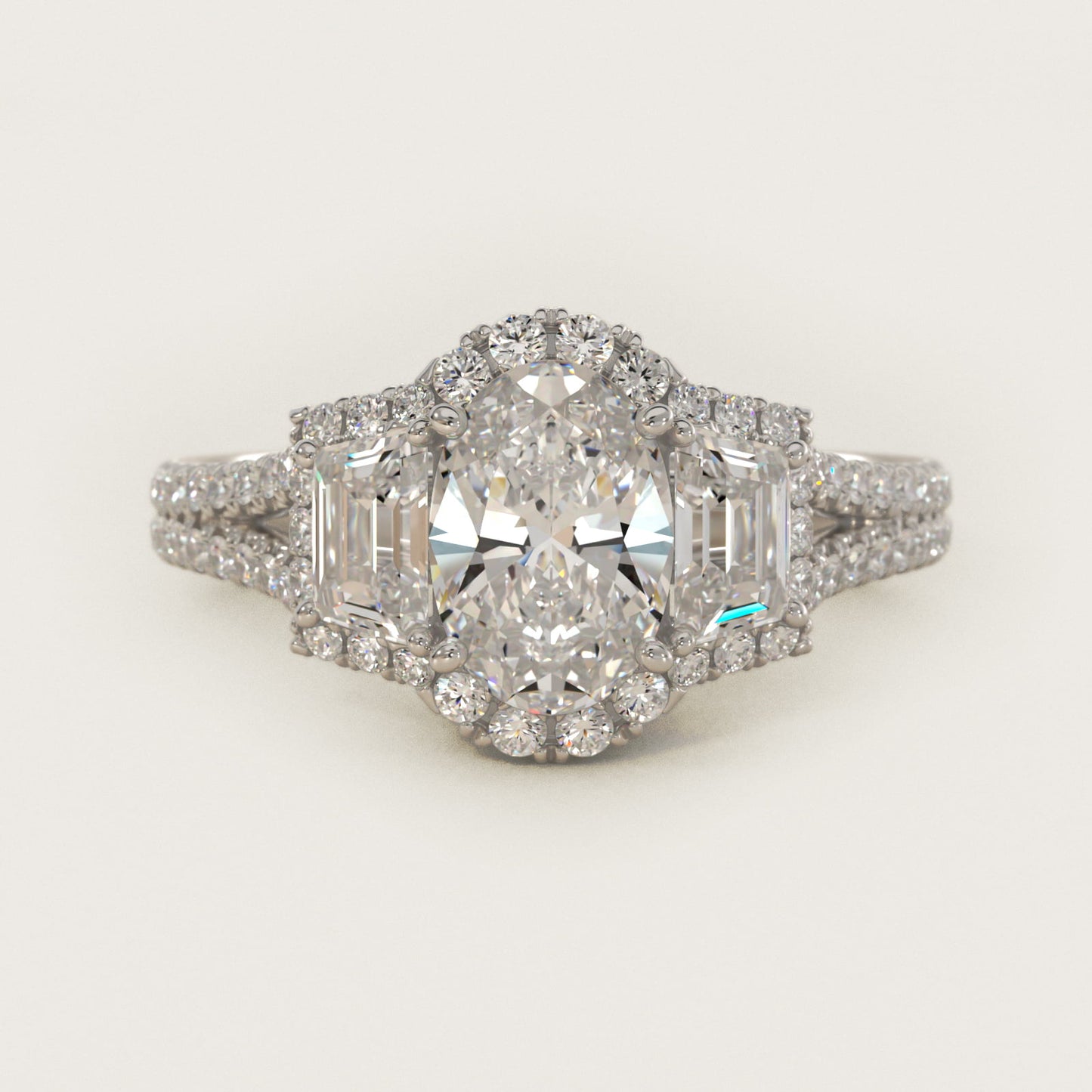 The Gallery Collection™ Vintage Three Stone Trapezoid Diamond Engagement Ring 14k White Gold - Oval Center