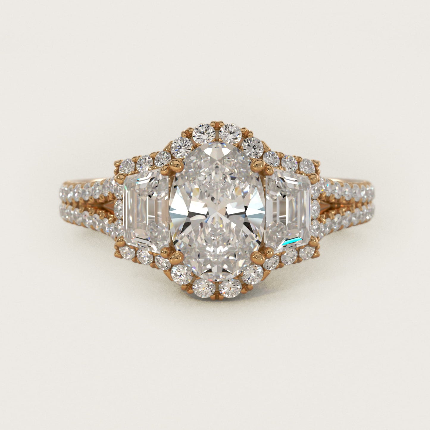The Gallery Collection™ Vintage Three Stone Trapezoid Diamond Engagement Ring 18k Yellow Gold - Oval Center