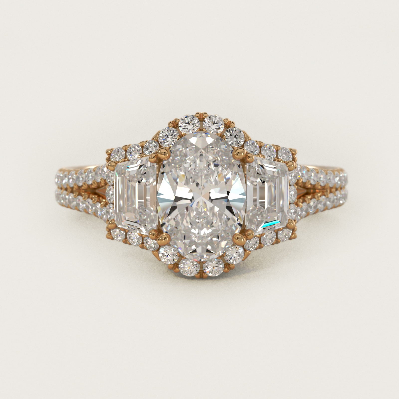 The Gallery Collection™ Vintage Three Stone Trapezoid Diamond Engagement Ring 18k Yellow Gold - Oval Center