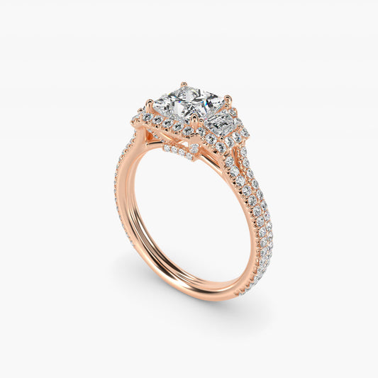 The Gallery Collection™ Emerald Three Stone Halo Diamond Engagement Ring in 14k Rose Gold (1.50 ct. tw.) - Princess Center