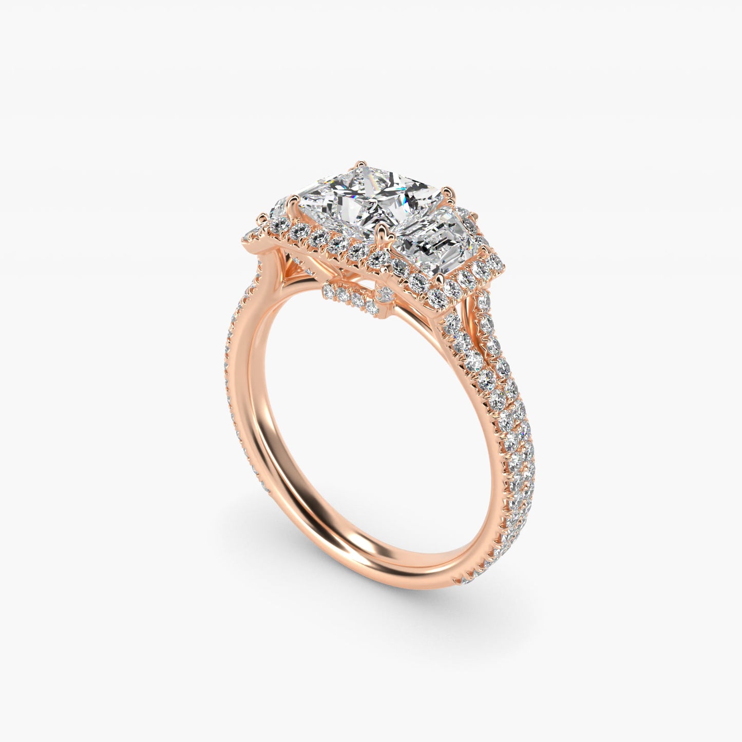 The Gallery Collection™ Vintage Three Stone Trapezoid Diamond Engagement Ring 18k Rose Gold - Princess Center