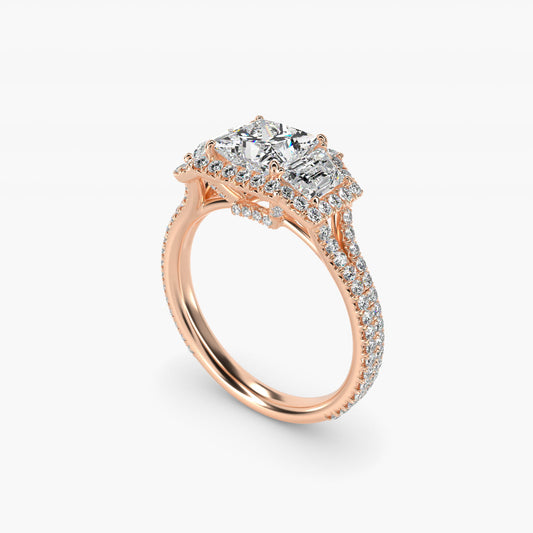 The Gallery Collection™ Vintage Three Stone Trapezoid Diamond Engagement Ring 14k Rose Gold - Princess Center