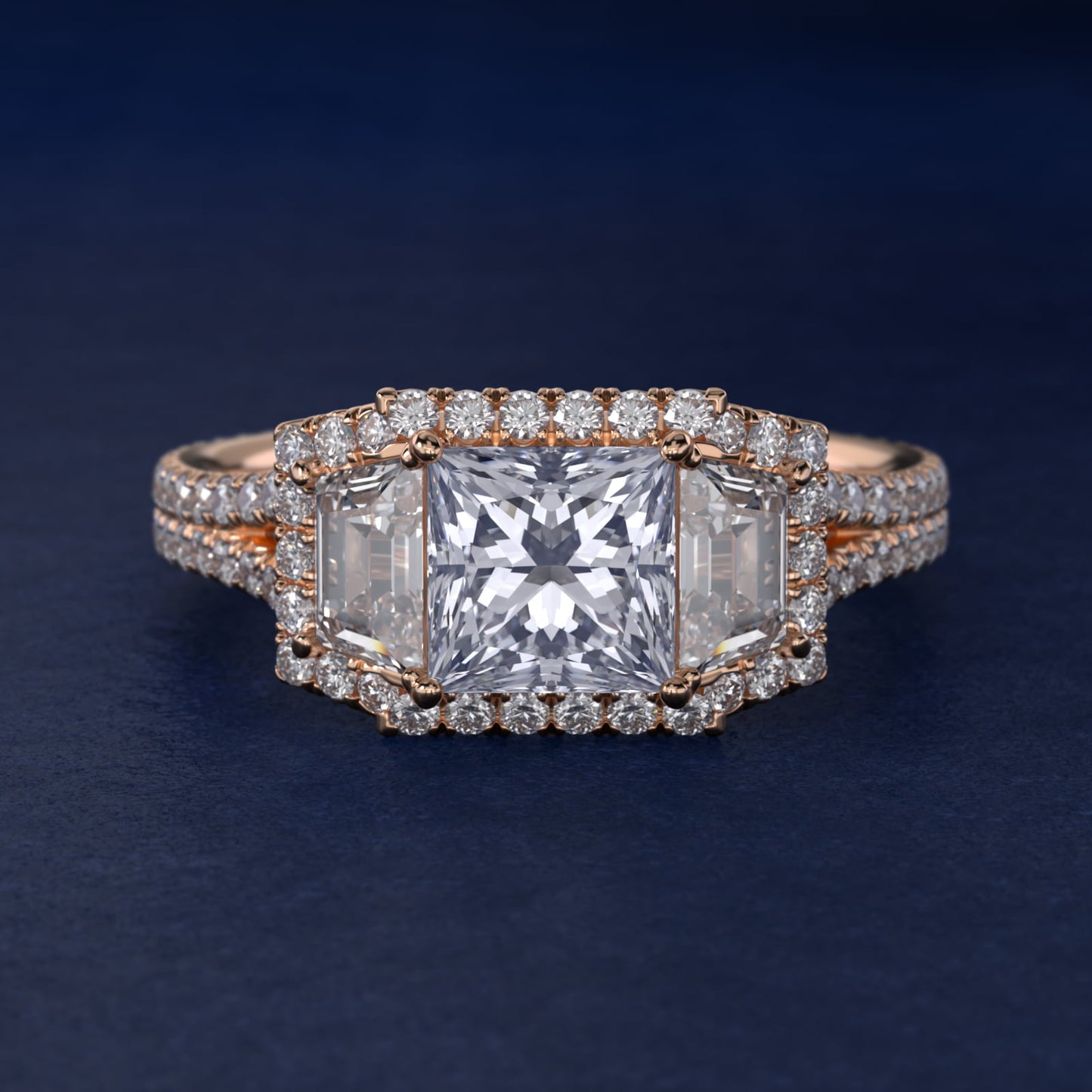 The Gallery Collection™ Vintage Three Stone Trapezoid Diamond Engagement Ring 18k Rose Gold - Princess Center