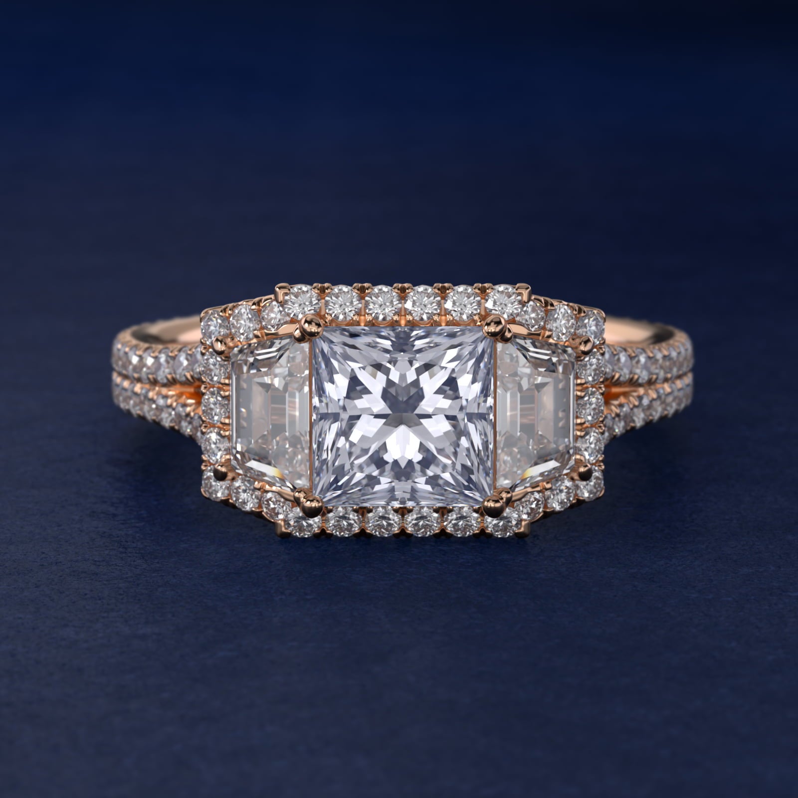 The Gallery Collection™ Vintage Three Stone Trapezoid Diamond Engagement Ring 18k Rose Gold - Princess Center