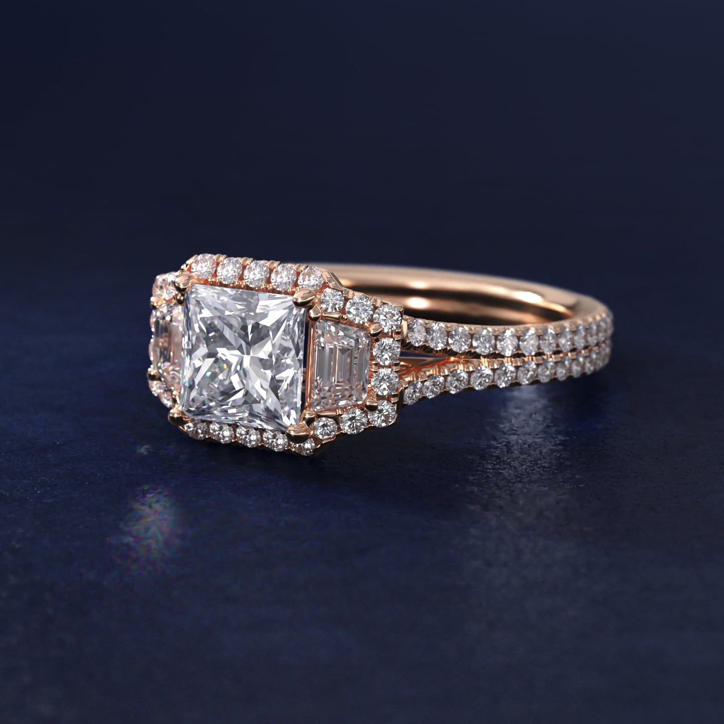 The Gallery Collection™ Emerald Three Stone Halo Diamond Engagement Ring in 18k Rose Gold (1.50 ct. tw.) - Princess Center