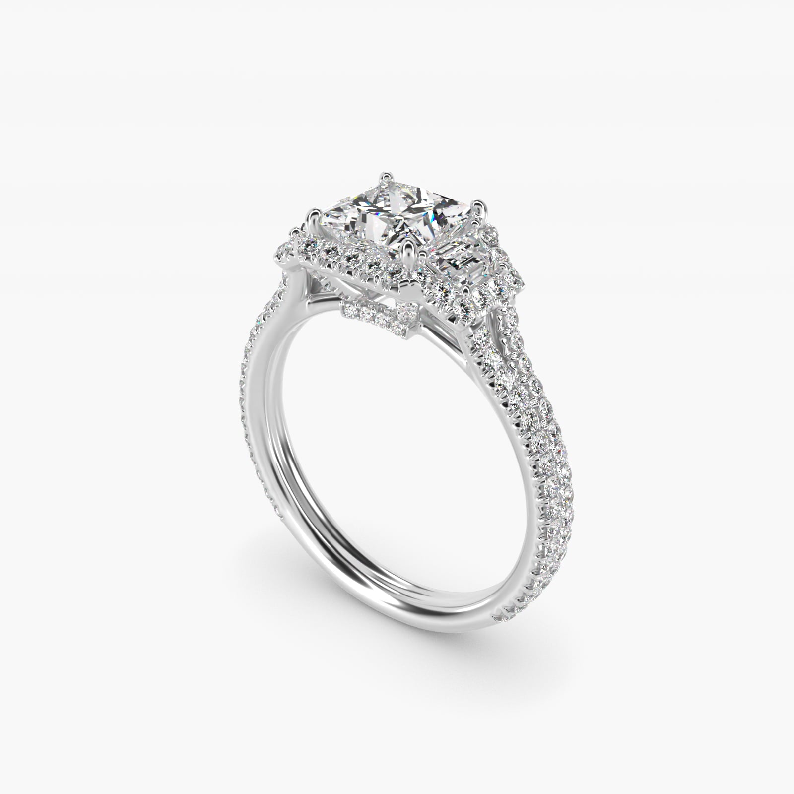 The Gallery Collection™ Emerald Three Stone Halo Diamond Engagement Ring in 18k White Gold (1.50 ct. tw.) - Princess Center