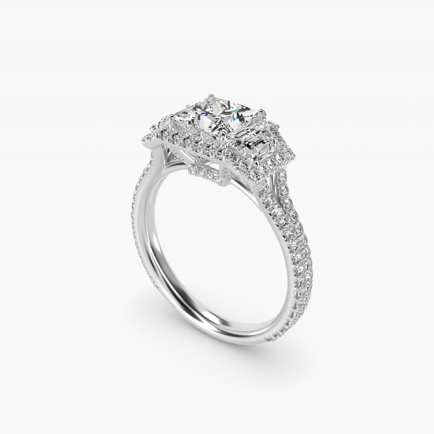 The Gallery Collection™ Vintage Three Stone Trapezoid Diamond Engagement Ring 18k White Gold - Princess Center