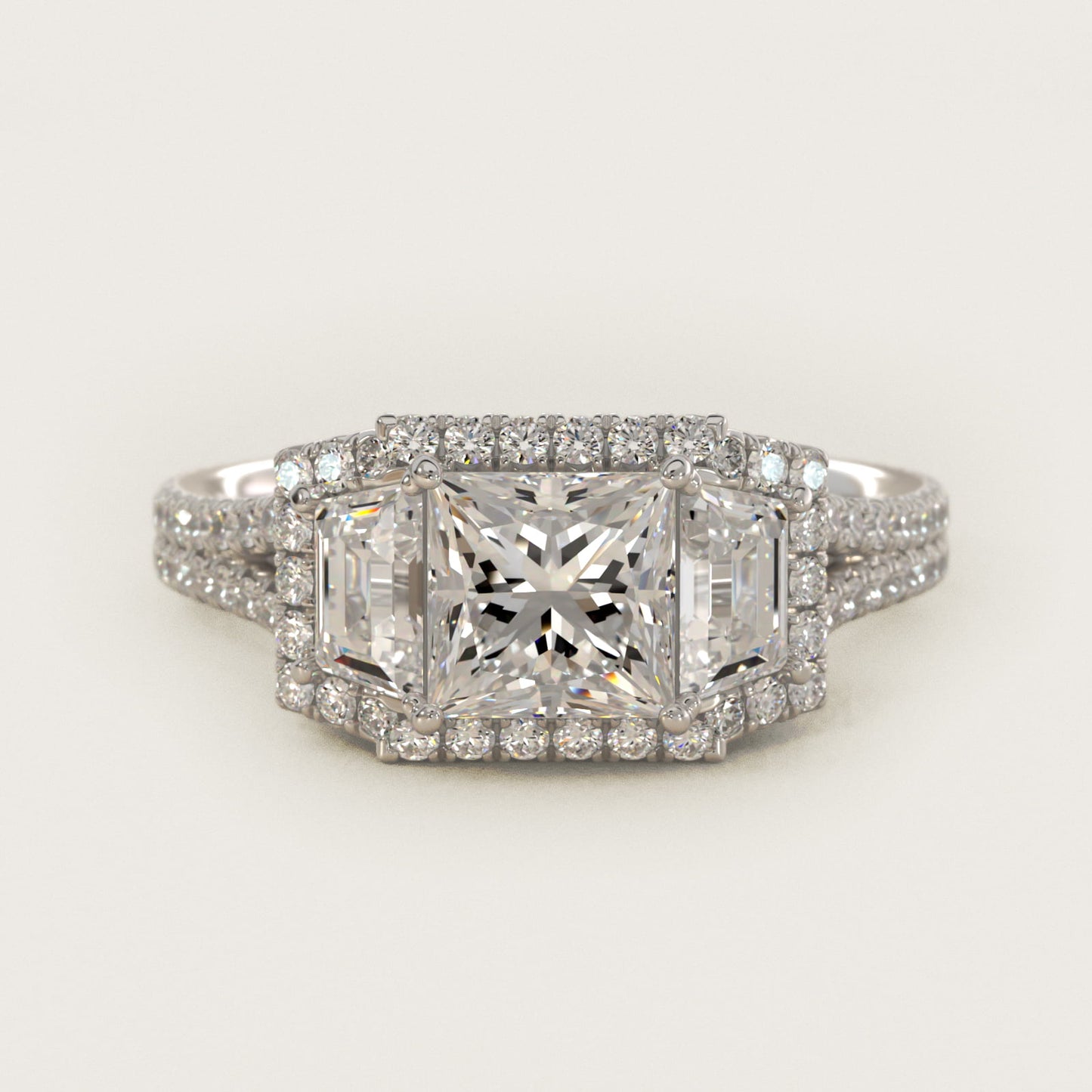 The Gallery Collection™ Vintage Three Stone Trapezoid Diamond Engagement Ring 14k White Gold - Princess Center