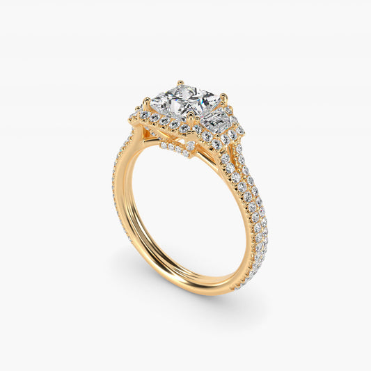 The Gallery Collection™ Emerald Three Stone Halo Diamond Engagement Ring in 14K Yellow Gold (1.50 ct. tw.) - Princess Center