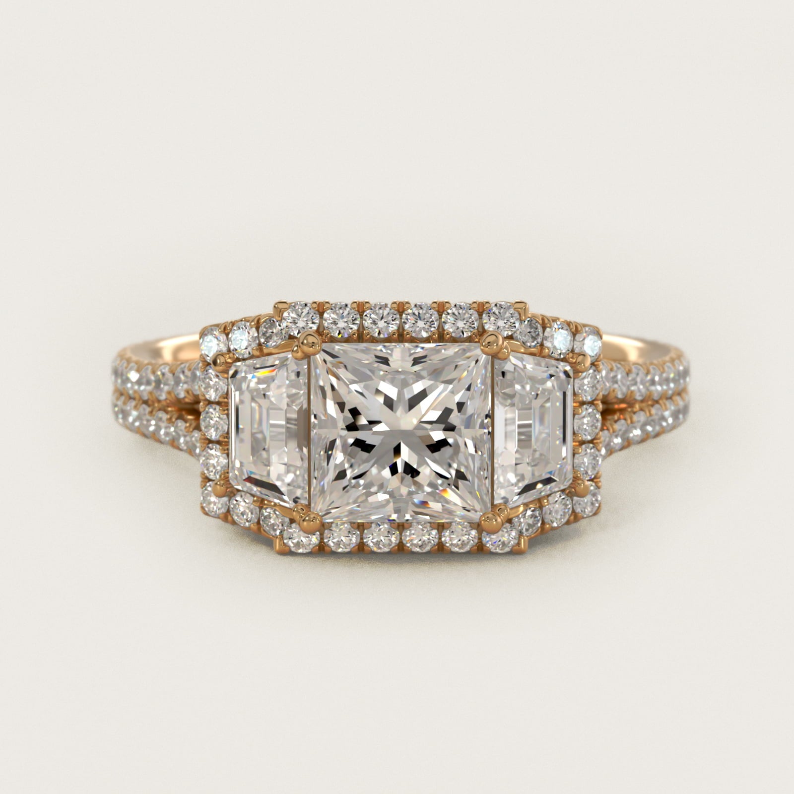 The Gallery Collection™ Vintage Three Stone Trapezoid Diamond Engagement Ring 14k Yellow Gold - Princess Center