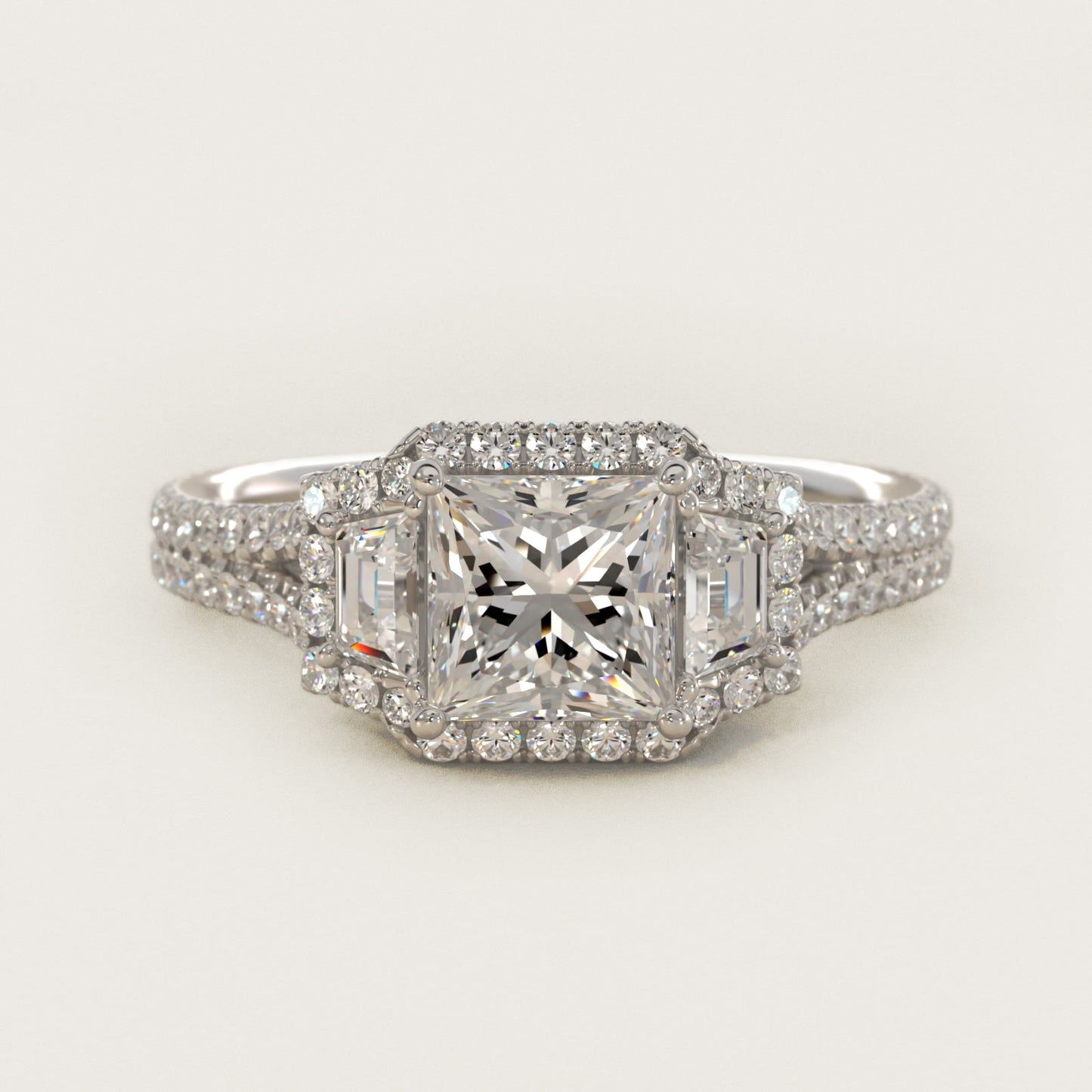 The Gallery Collection™ Emerald Three Stone Halo Diamond Engagement Ring in Platinum - Princess Center