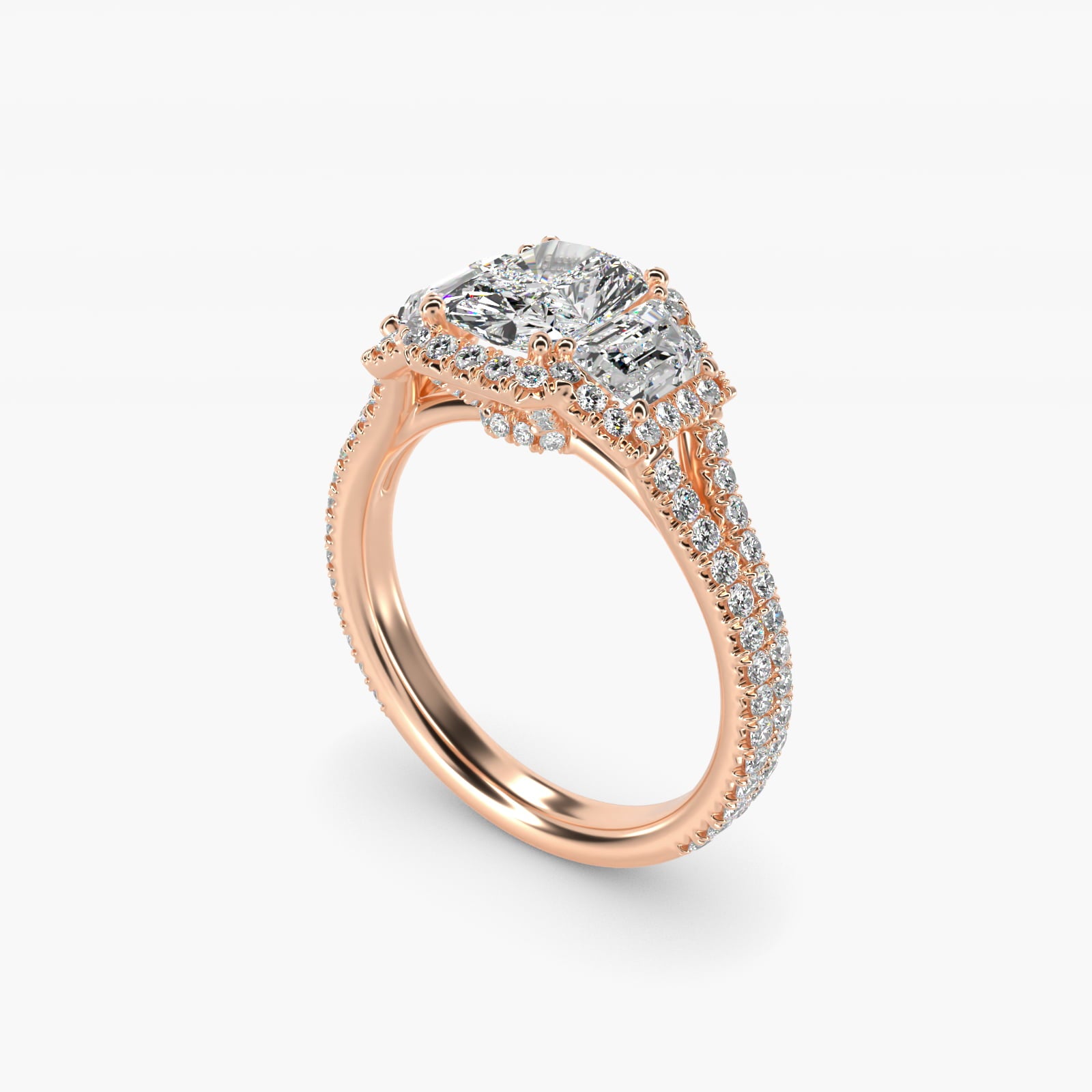 The Gallery Collection™ Vintage Three Stone Trapezoid Diamond Engagement Ring 14k Rose Gold - Radiant Center