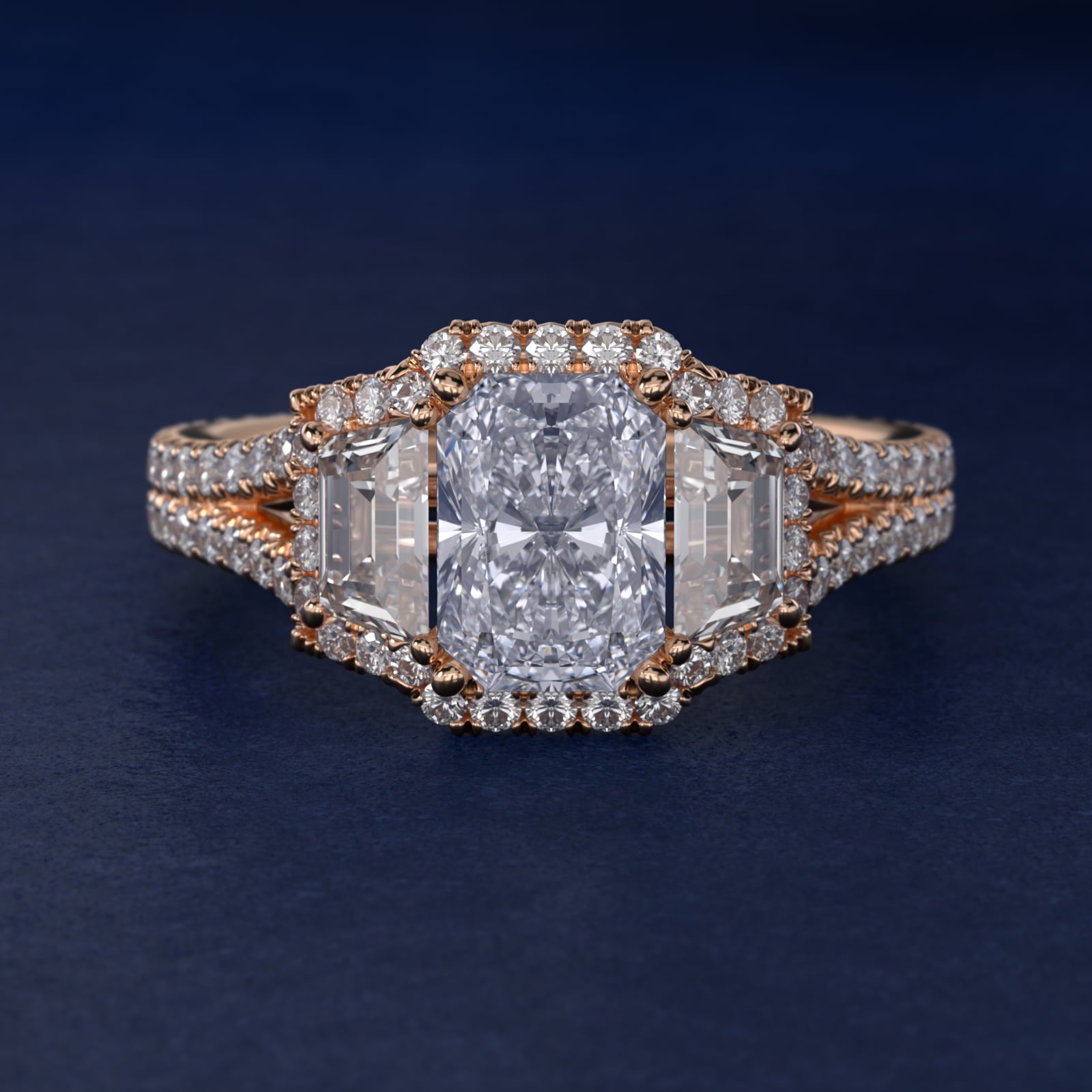 The Gallery Collection™ Vintage Three Stone Trapezoid Diamond Engagement Ring 14k Rose Gold - Radiant Center
