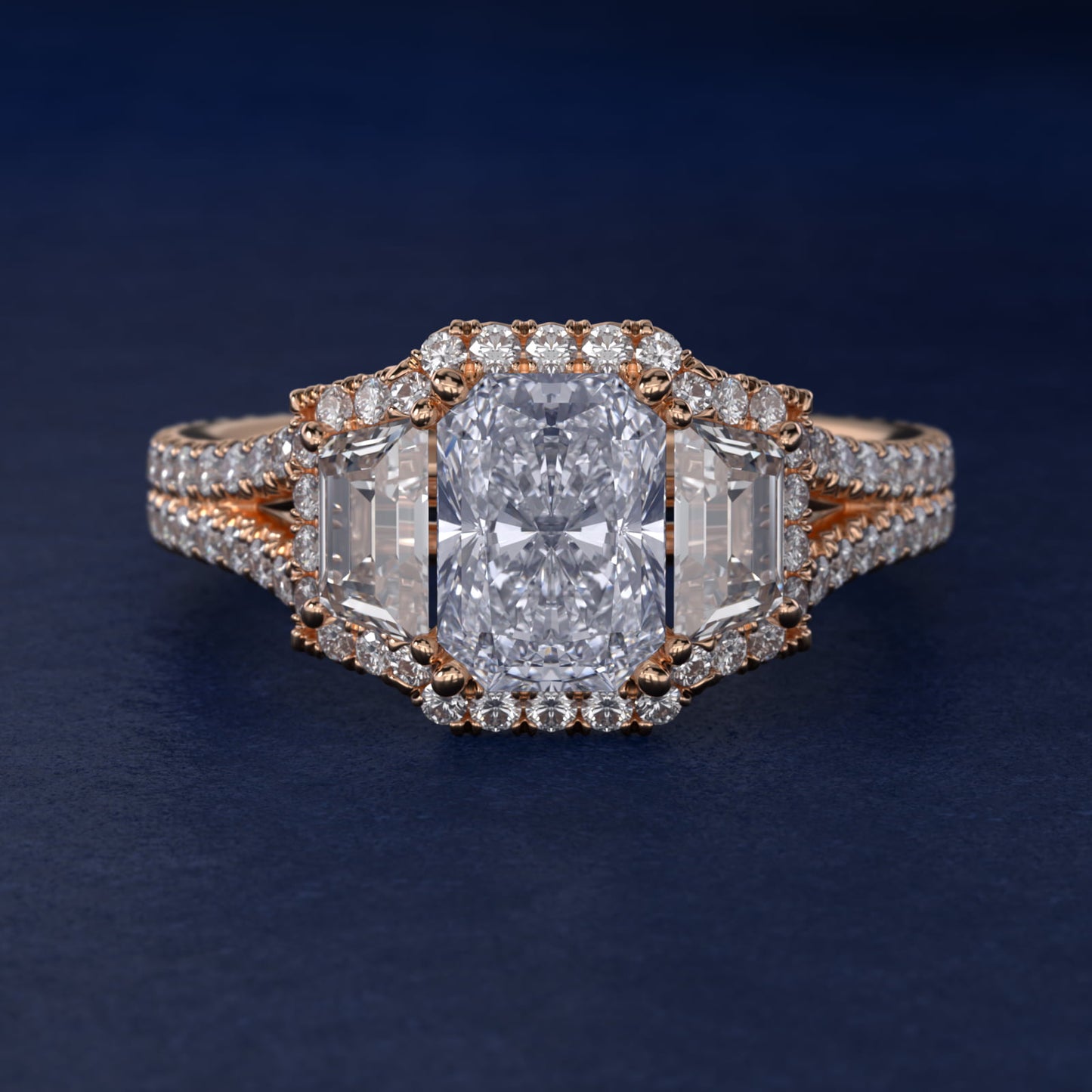 The Gallery Collection™ Vintage Three Stone Trapezoid Diamond Engagement Ring 18k Rose Gold - Radiant Center