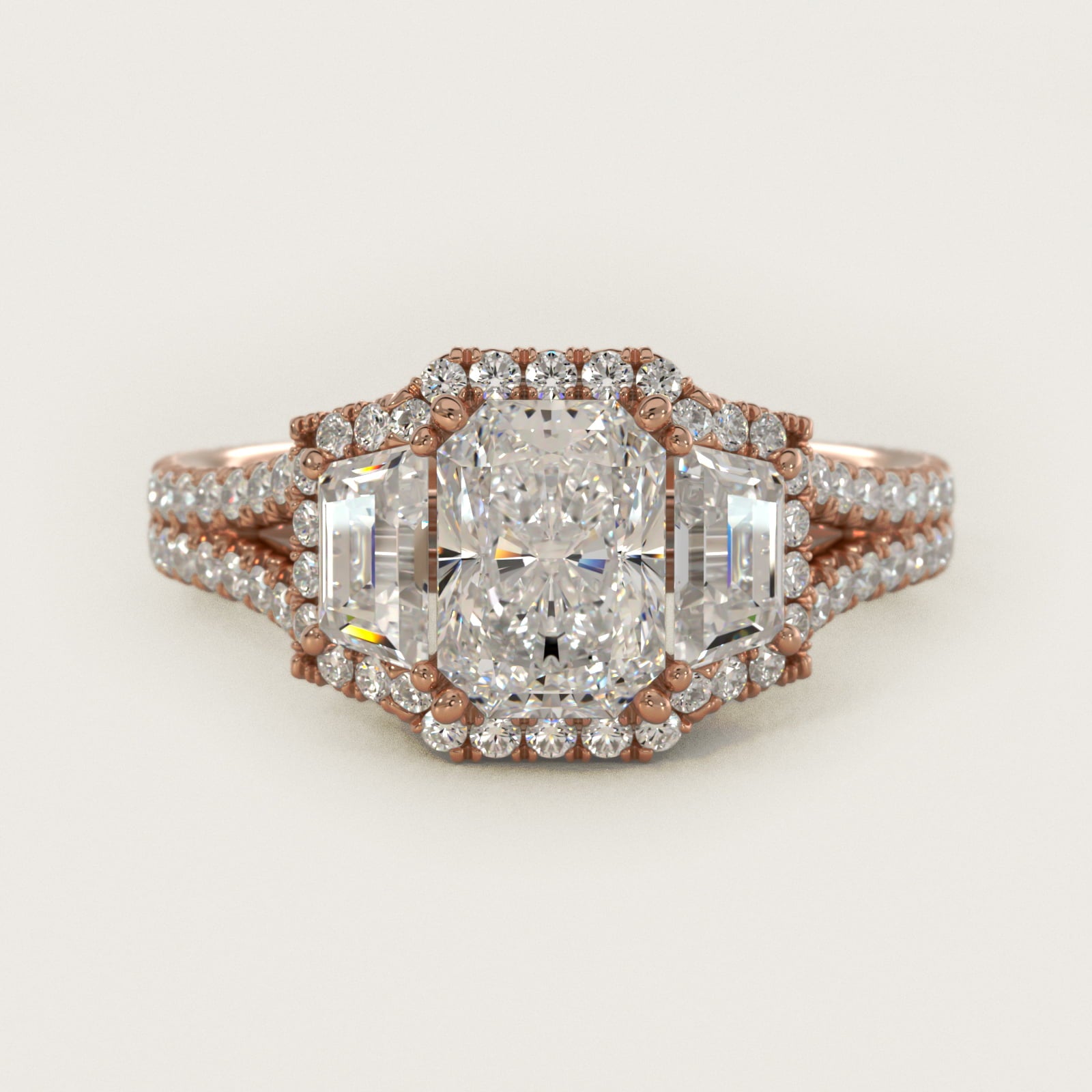 The Gallery Collection™ Vintage Three Stone Trapezoid Diamond Engagement Ring 18k Rose Gold - Radiant Center